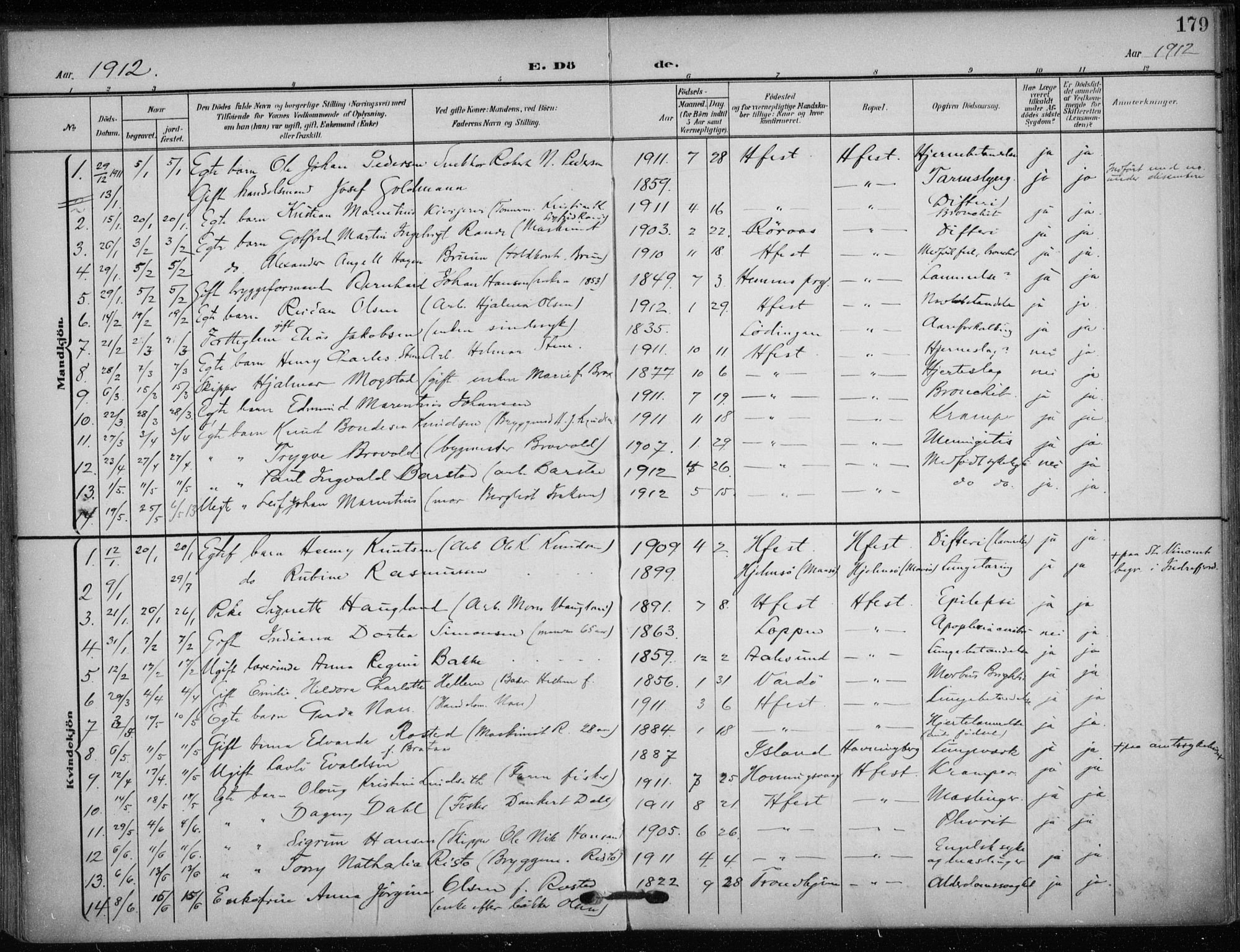 Hammerfest sokneprestkontor, AV/SATØ-S-1347/H/Ha/L0014.kirke: Parish register (official) no. 14, 1906-1916, p. 179