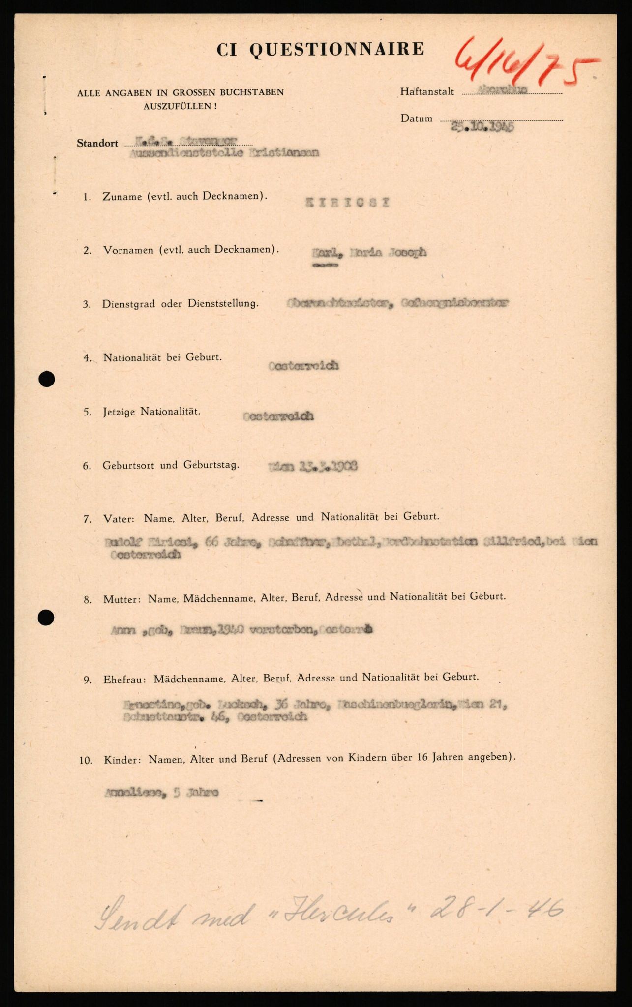 Forsvaret, Forsvarets overkommando II, AV/RA-RAFA-3915/D/Db/L0039: CI Questionaires. Tyske okkupasjonsstyrker i Norge. Østerrikere., 1945-1946, p. 175