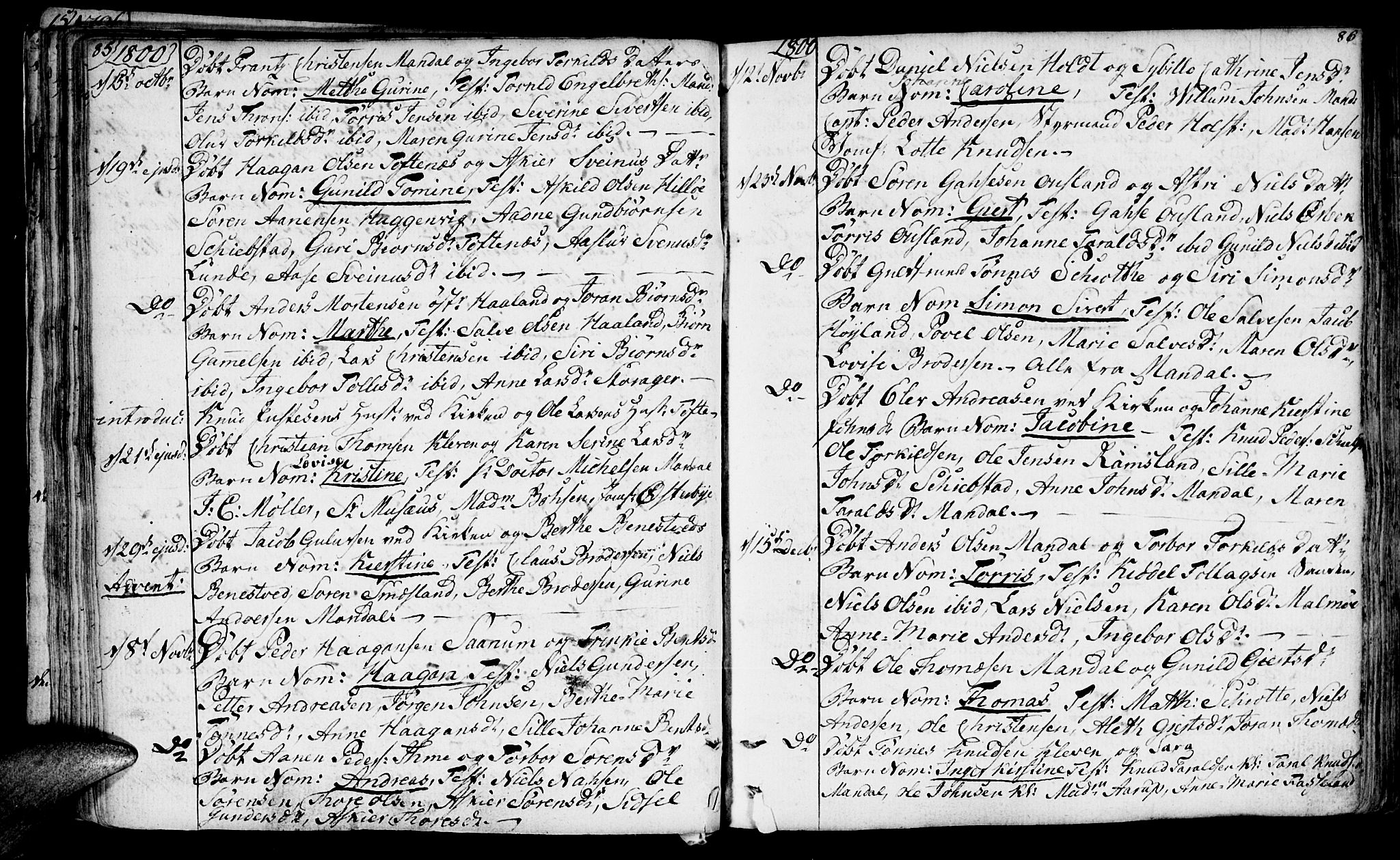 Mandal sokneprestkontor, SAK/1111-0030/F/Fa/Faa/L0008: Parish register (official) no. A 8, 1794-1817, p. 85-86