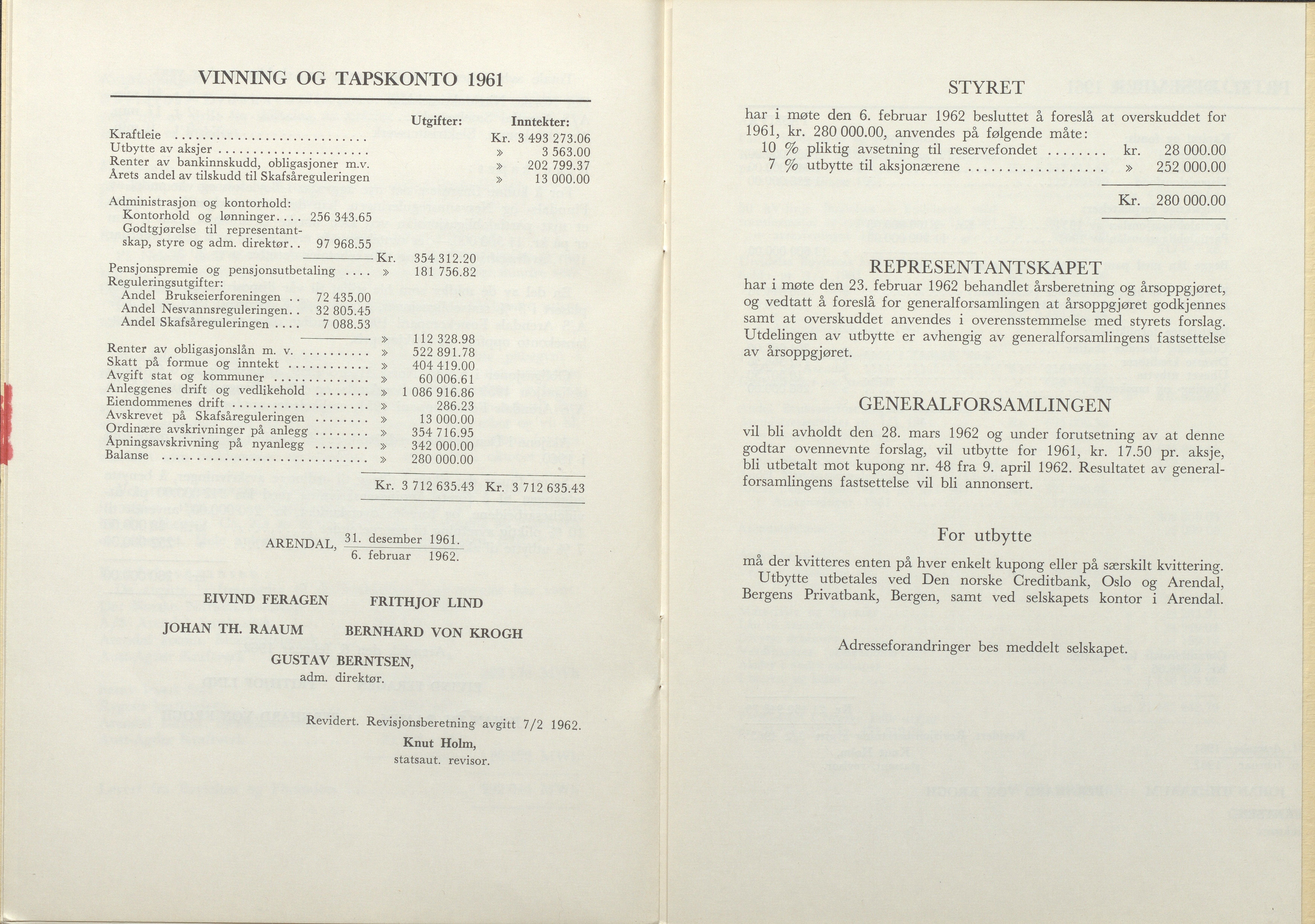 Arendals Fossekompani, AAKS/PA-2413/X/X01/L0001/0012: Beretninger, regnskap, balansekonto, gevinst- og tapskonto / Beretning, regnskap 1945 - 1962, 1945-1962, p. 104