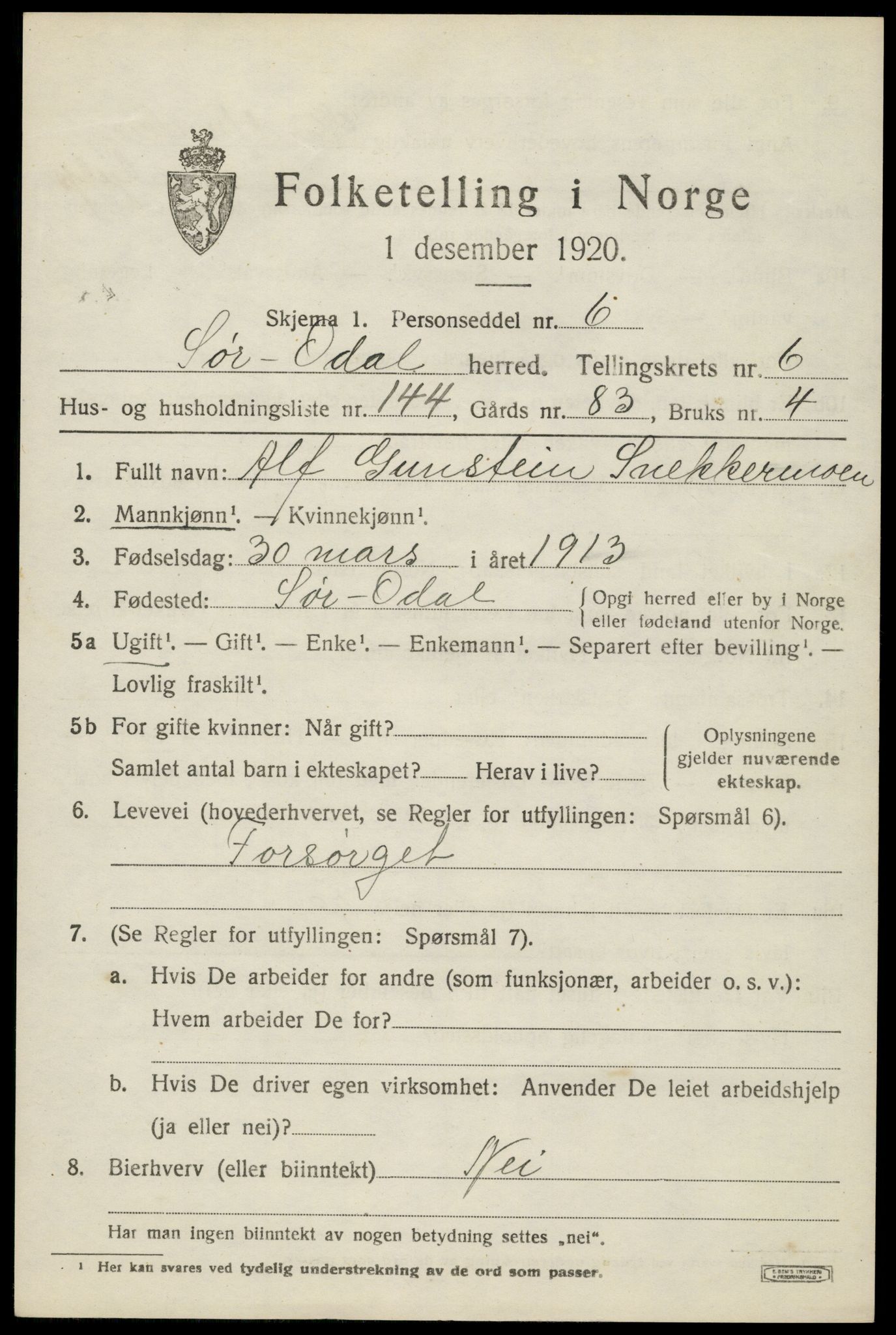 SAH, 1920 census for Sør-Odal, 1920, p. 8647