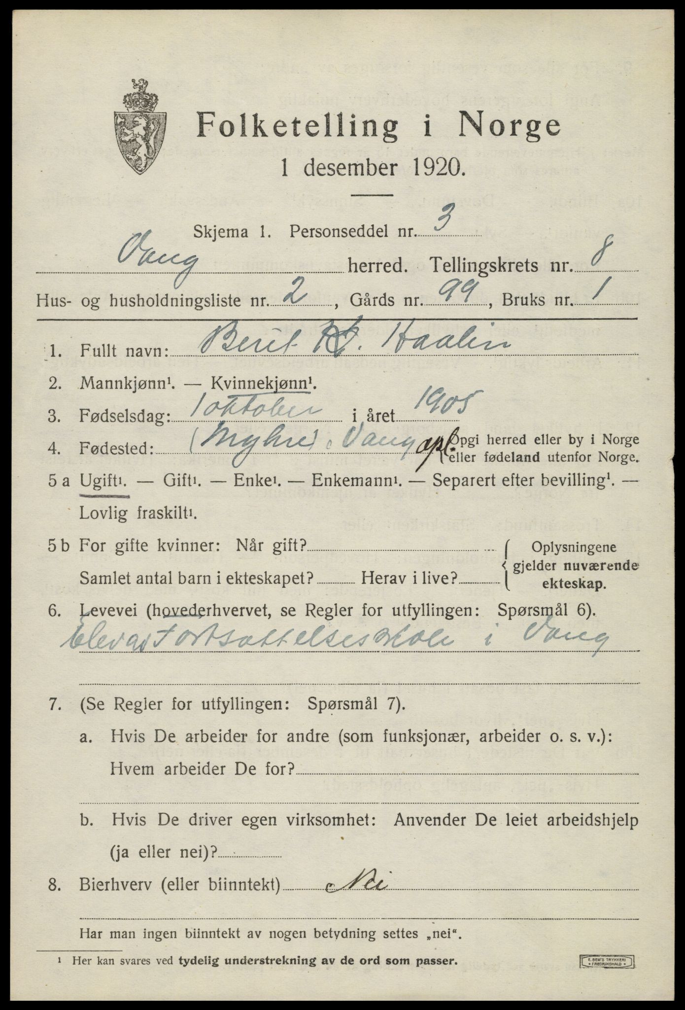 SAH, 1920 census for Vang (Oppland), 1920, p. 3401