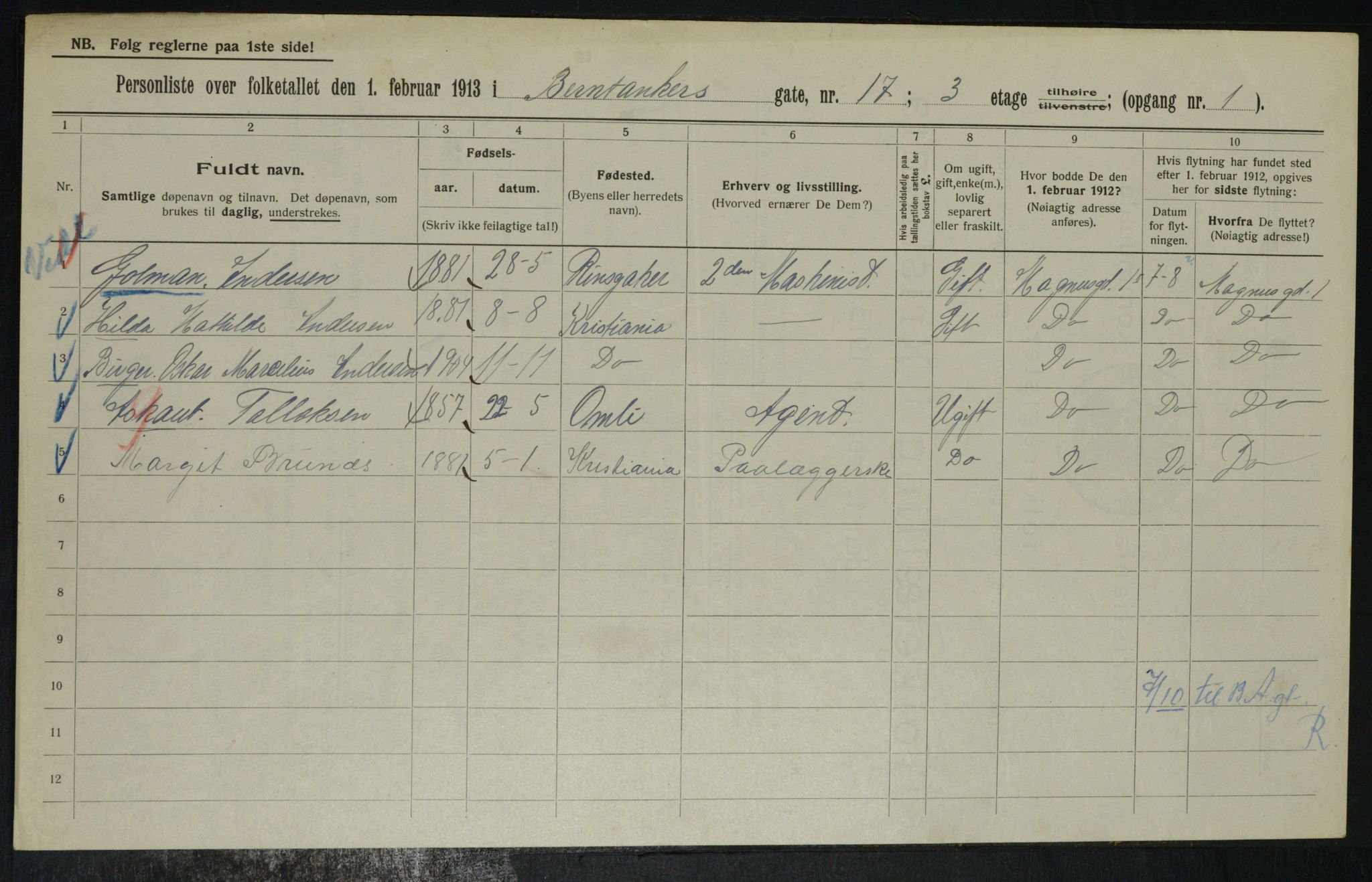 OBA, Municipal Census 1913 for Kristiania, 1913, p. 4572