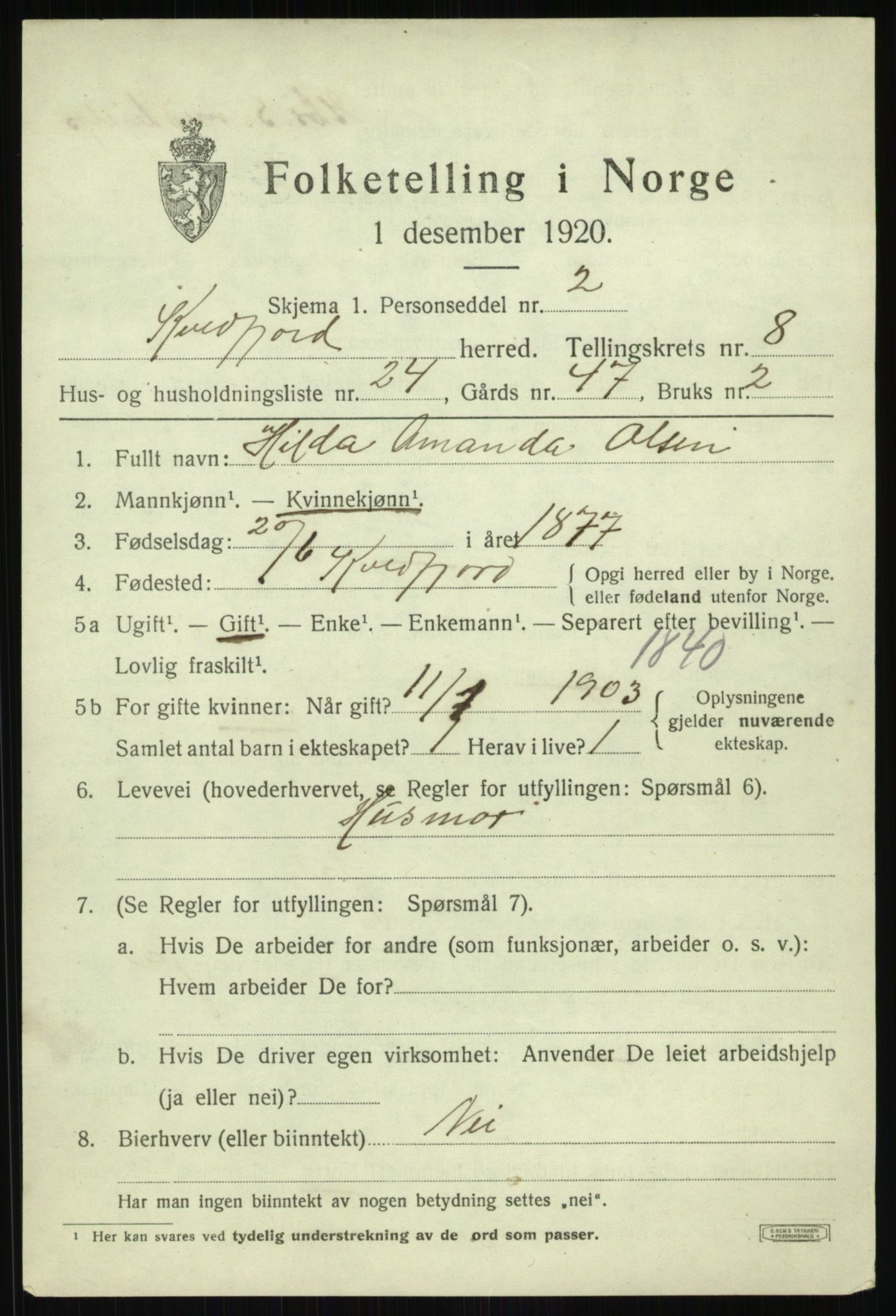 SATØ, 1920 census for Kvæfjord, 1920, p. 3977