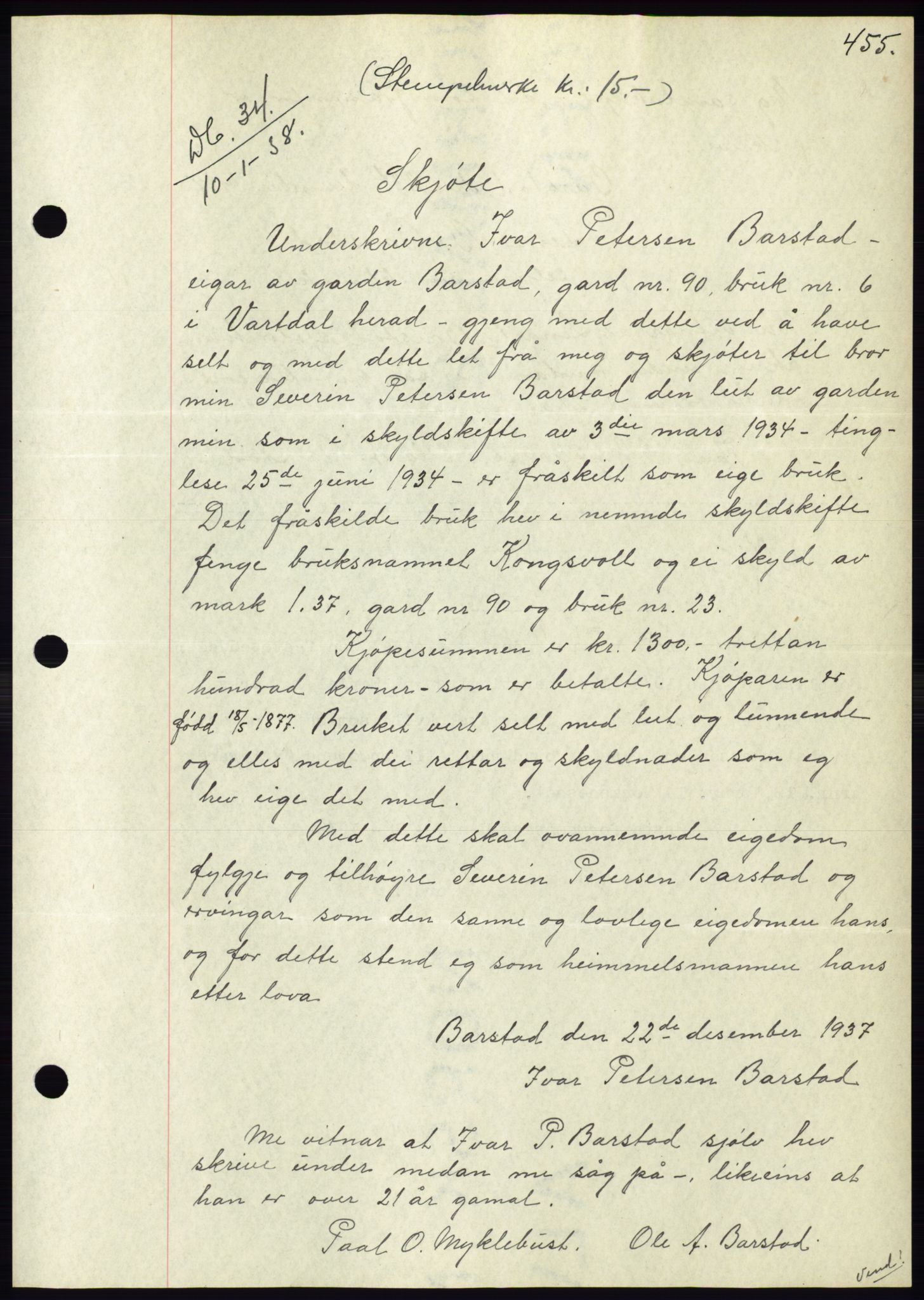 Søre Sunnmøre sorenskriveri, AV/SAT-A-4122/1/2/2C/L0064: Mortgage book no. 58, 1937-1938, Diary no: : 34/1938