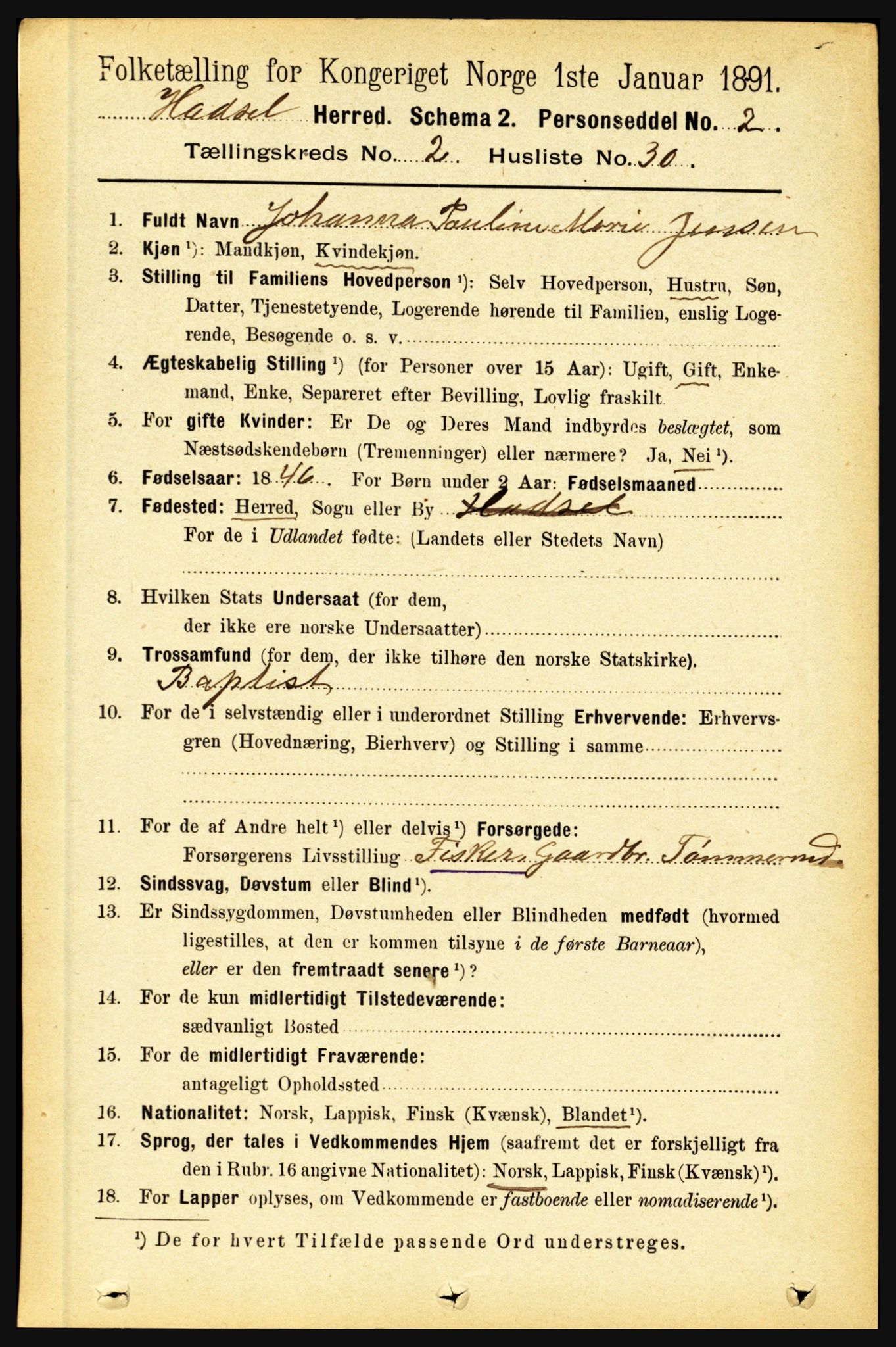 RA, 1891 census for 1866 Hadsel, 1891, p. 841