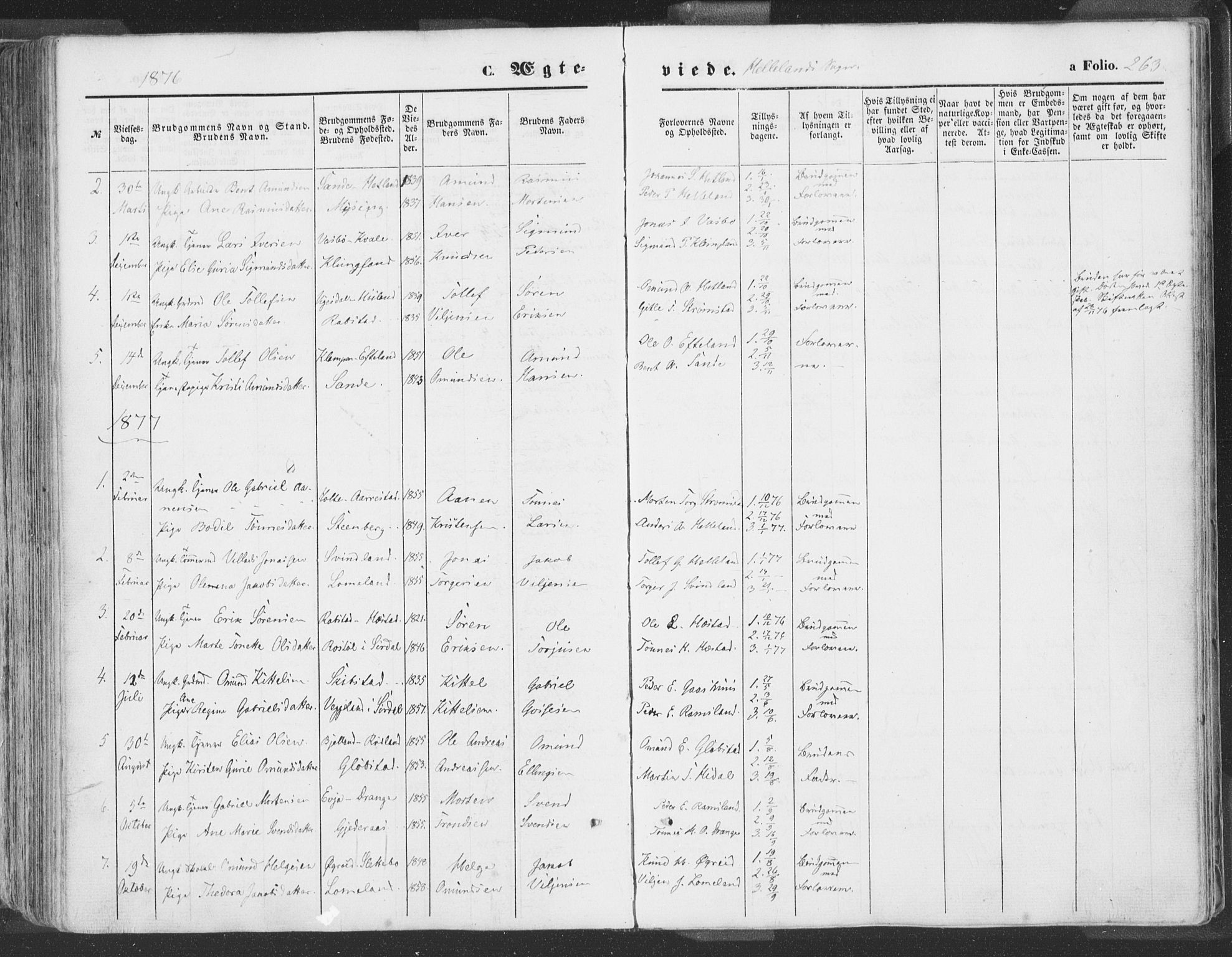 Helleland sokneprestkontor, SAST/A-101810: Parish register (official) no. A 7.1, 1863-1886, p. 263