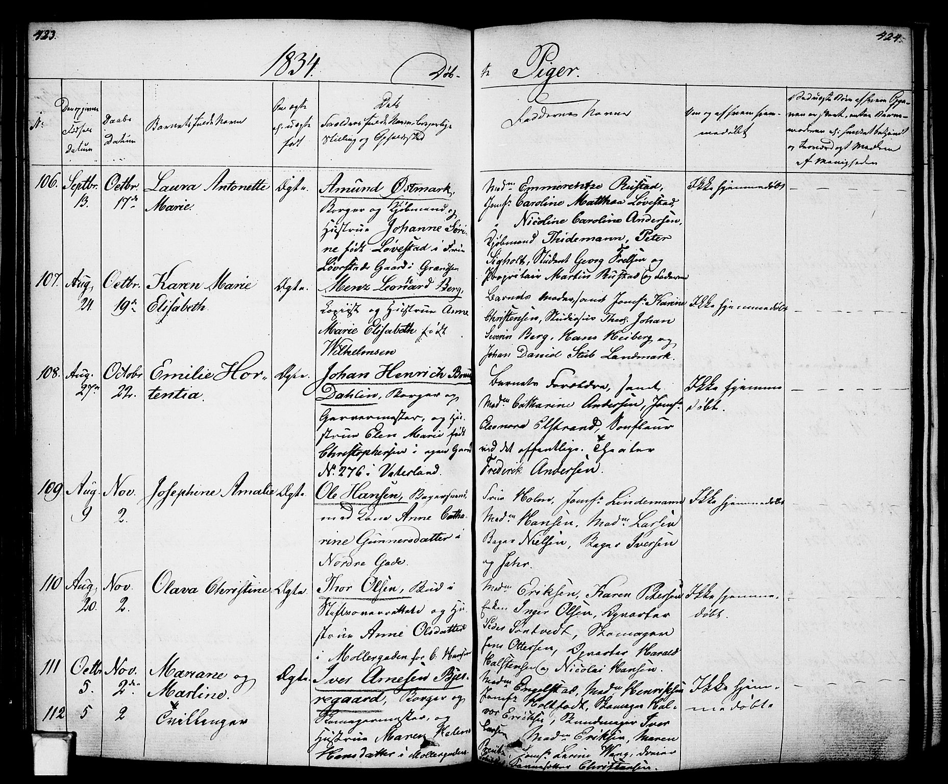 Oslo domkirke Kirkebøker, AV/SAO-A-10752/F/Fa/L0011: Parish register (official) no. 11, 1830-1836, p. 423-424