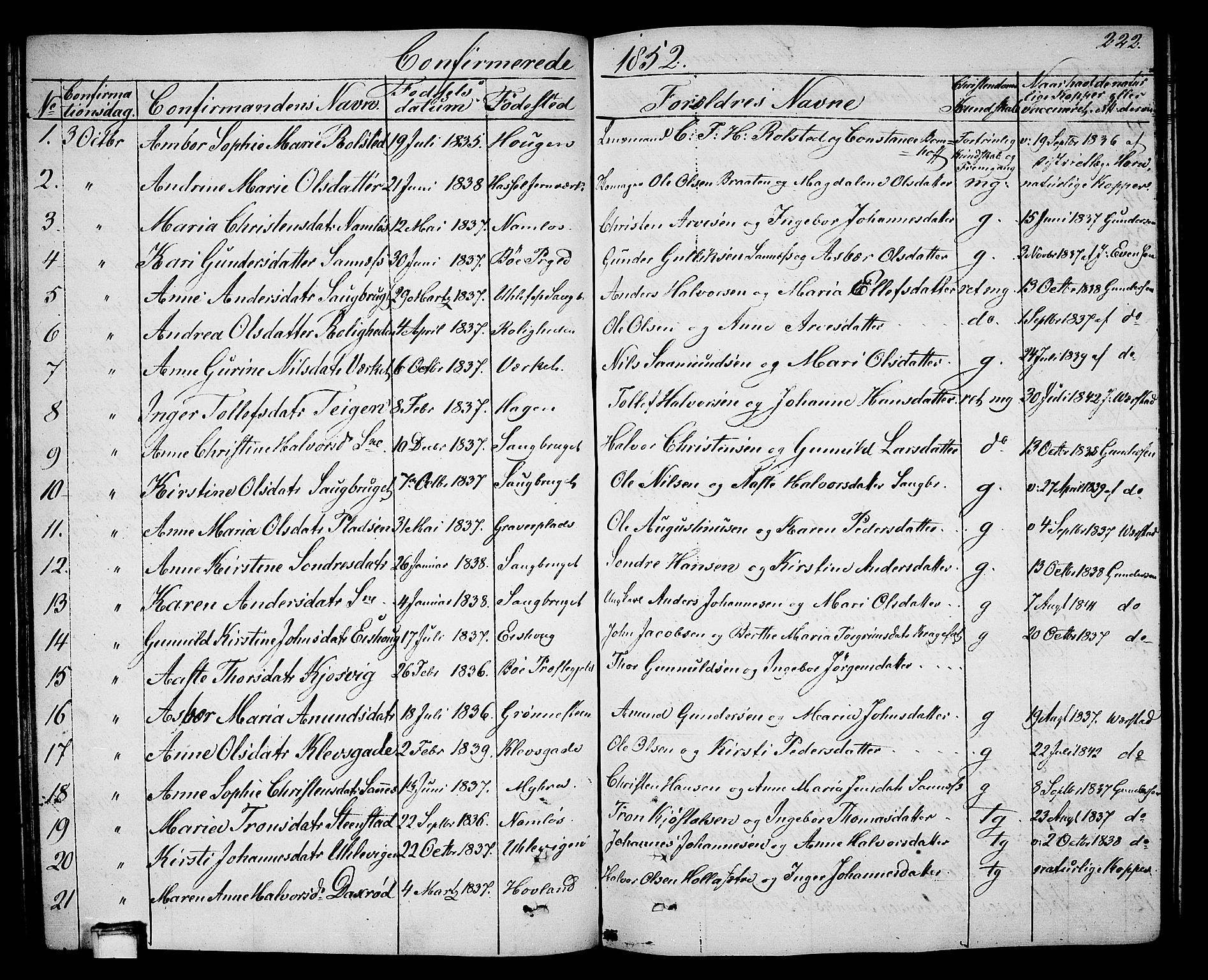 Holla kirkebøker, SAKO/A-272/G/Ga/L0003: Parish register (copy) no. I 3, 1849-1866, p. 222