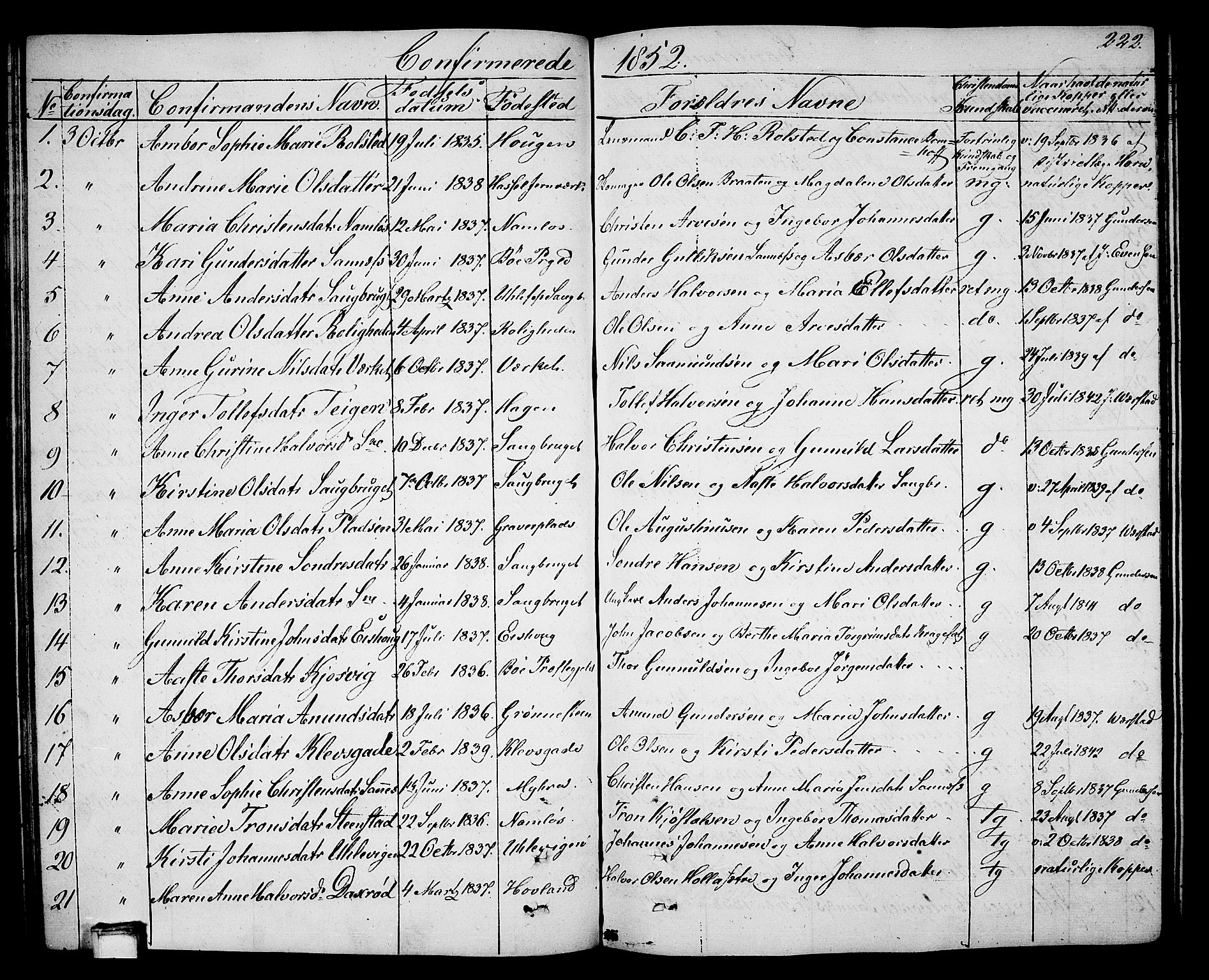 Holla kirkebøker, AV/SAKO-A-272/G/Ga/L0003: Parish register (copy) no. I 3, 1849-1866, p. 222