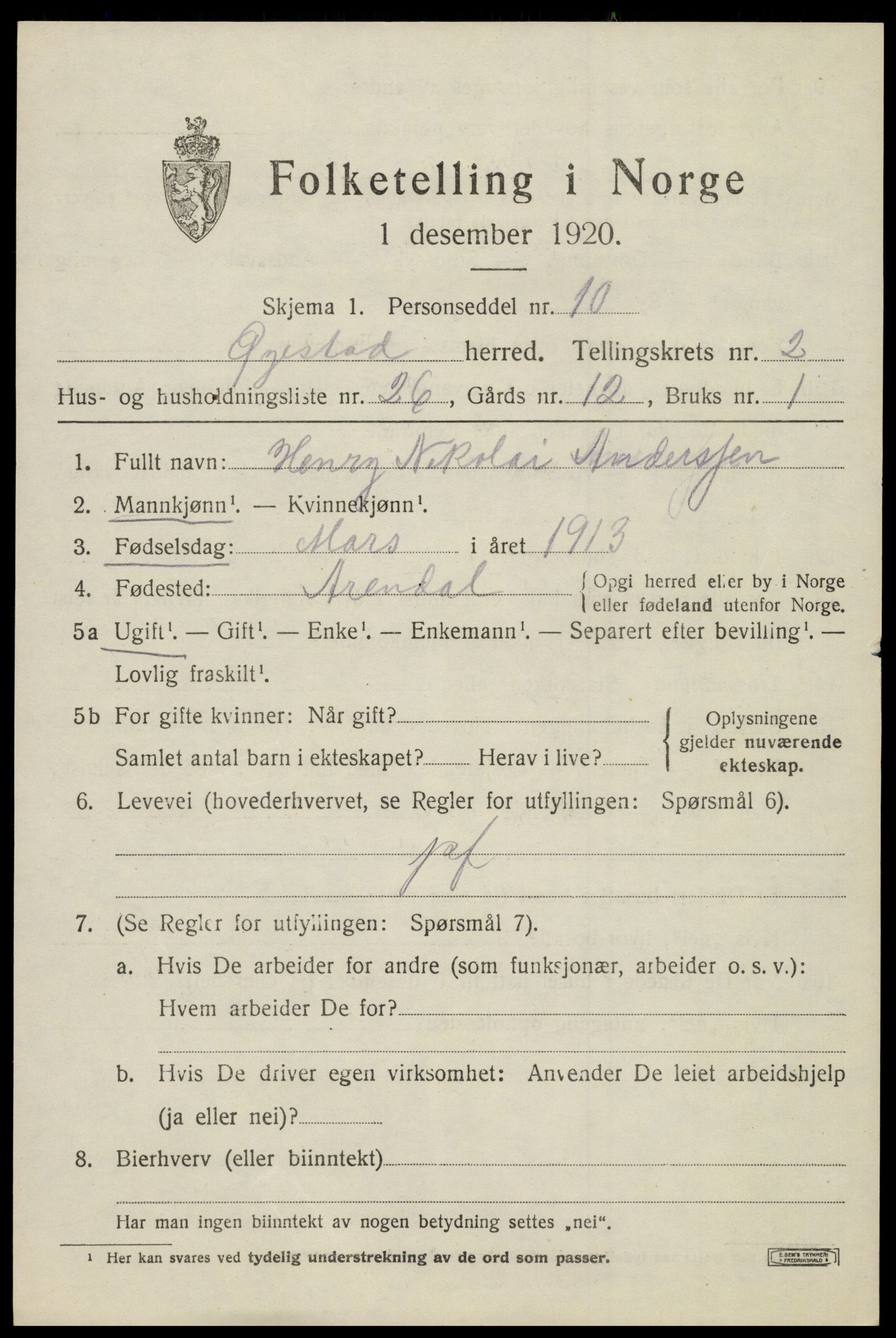 SAK, 1920 census for Øyestad, 1920, p. 2608