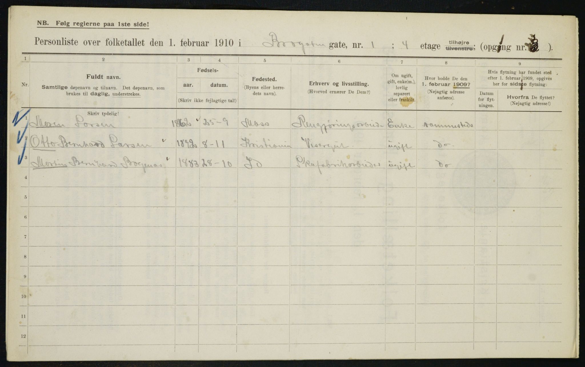 OBA, Municipal Census 1910 for Kristiania, 1910, p. 9295