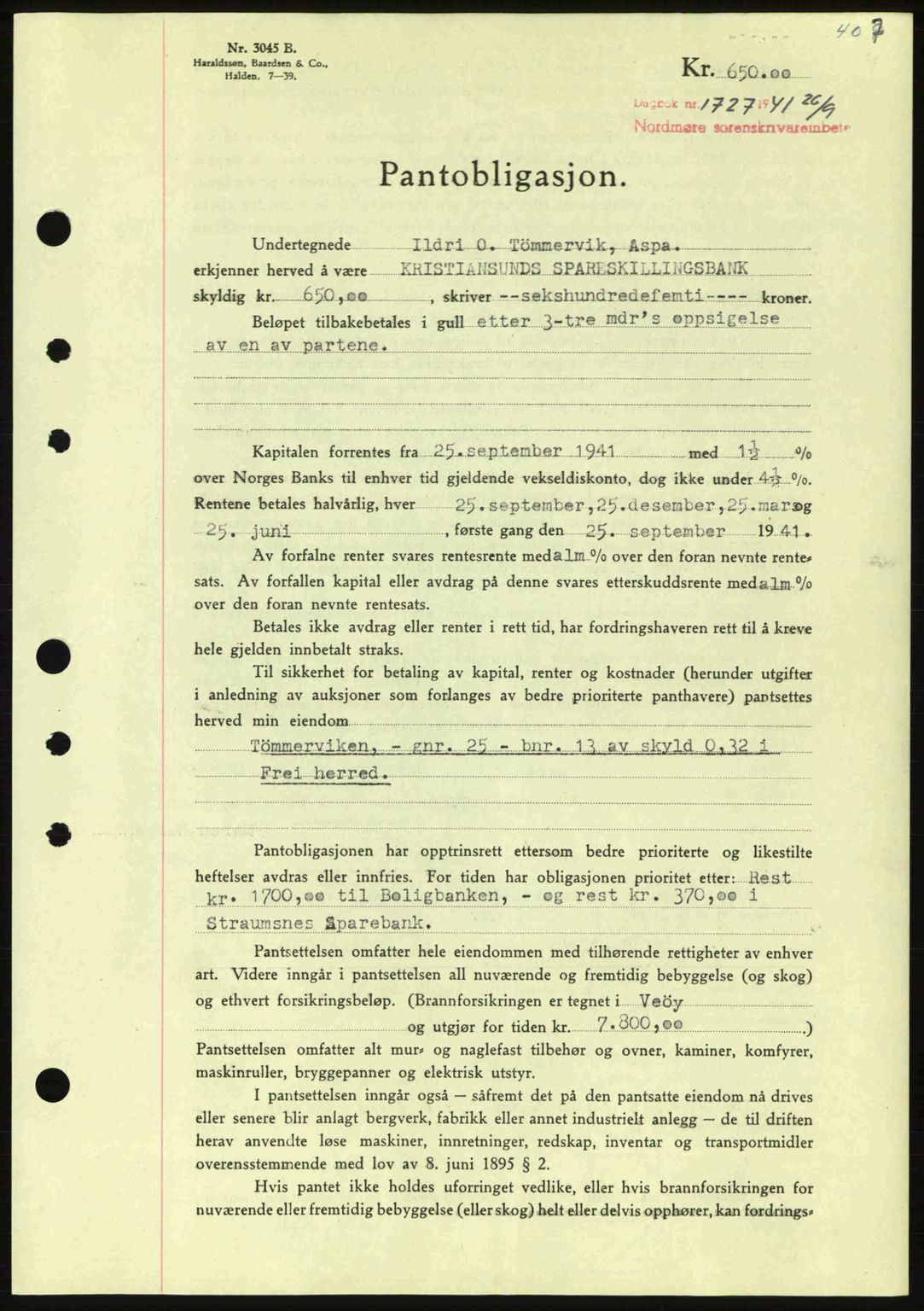 Nordmøre sorenskriveri, AV/SAT-A-4132/1/2/2Ca: Mortgage book no. B88, 1941-1942, Diary no: : 1727/1941