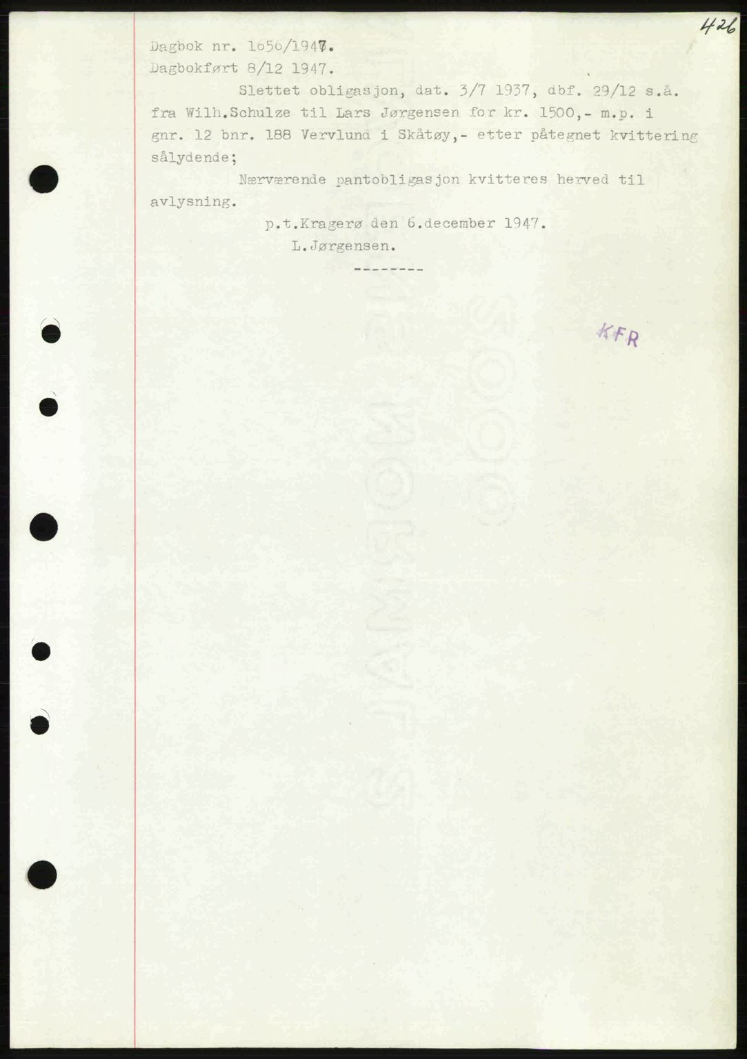 Kragerø sorenskriveri, AV/SAKO-A-65/G/Ga/Gab/L0062: Mortgage book no. A-62, 1947-1947, Diary no: : 1656/1947