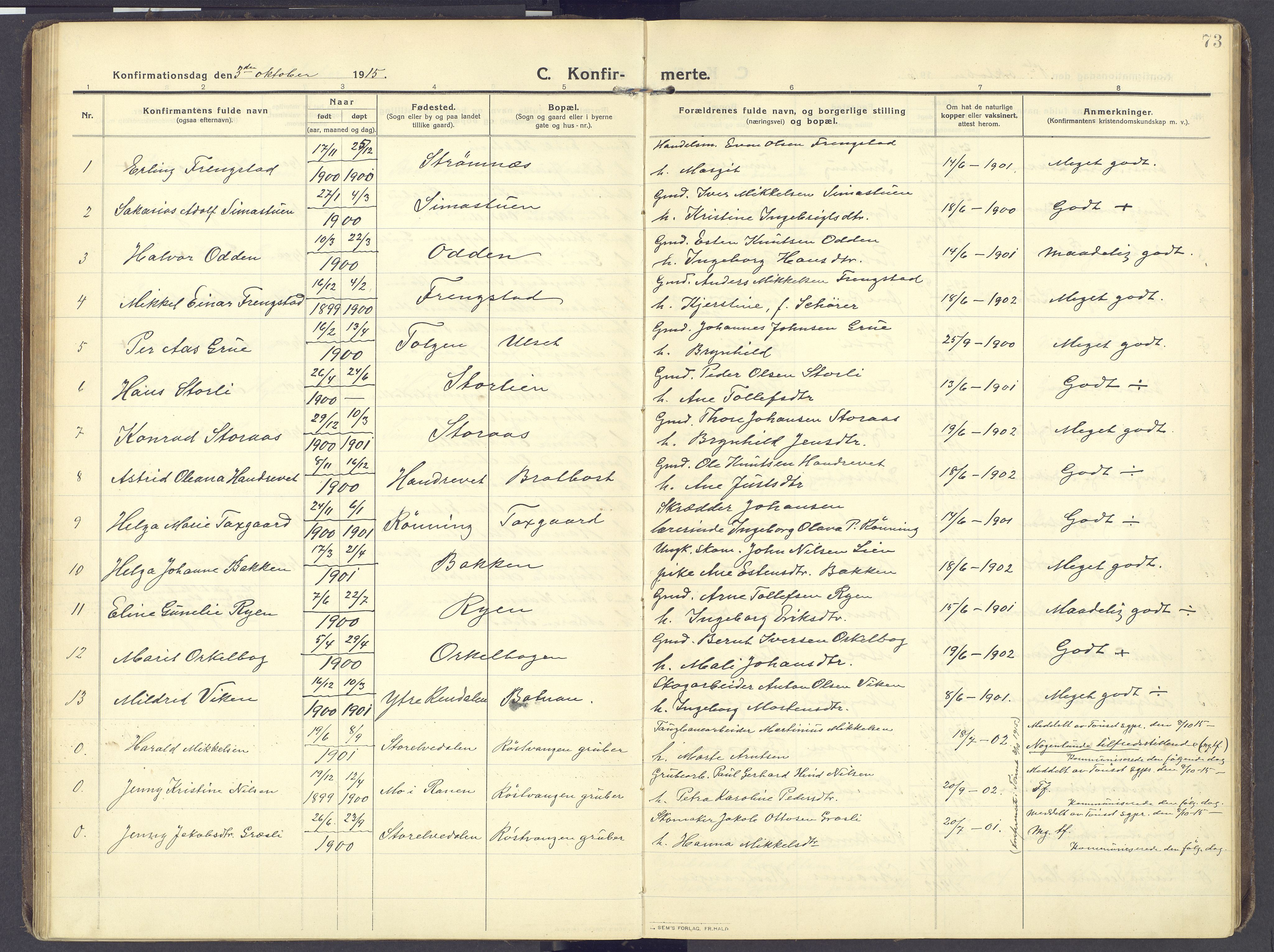 Kvikne prestekontor, AV/SAH-PREST-064/H/Ha/Haa/L0009: Parish register (official) no. 9, 1911-1942, p. 73