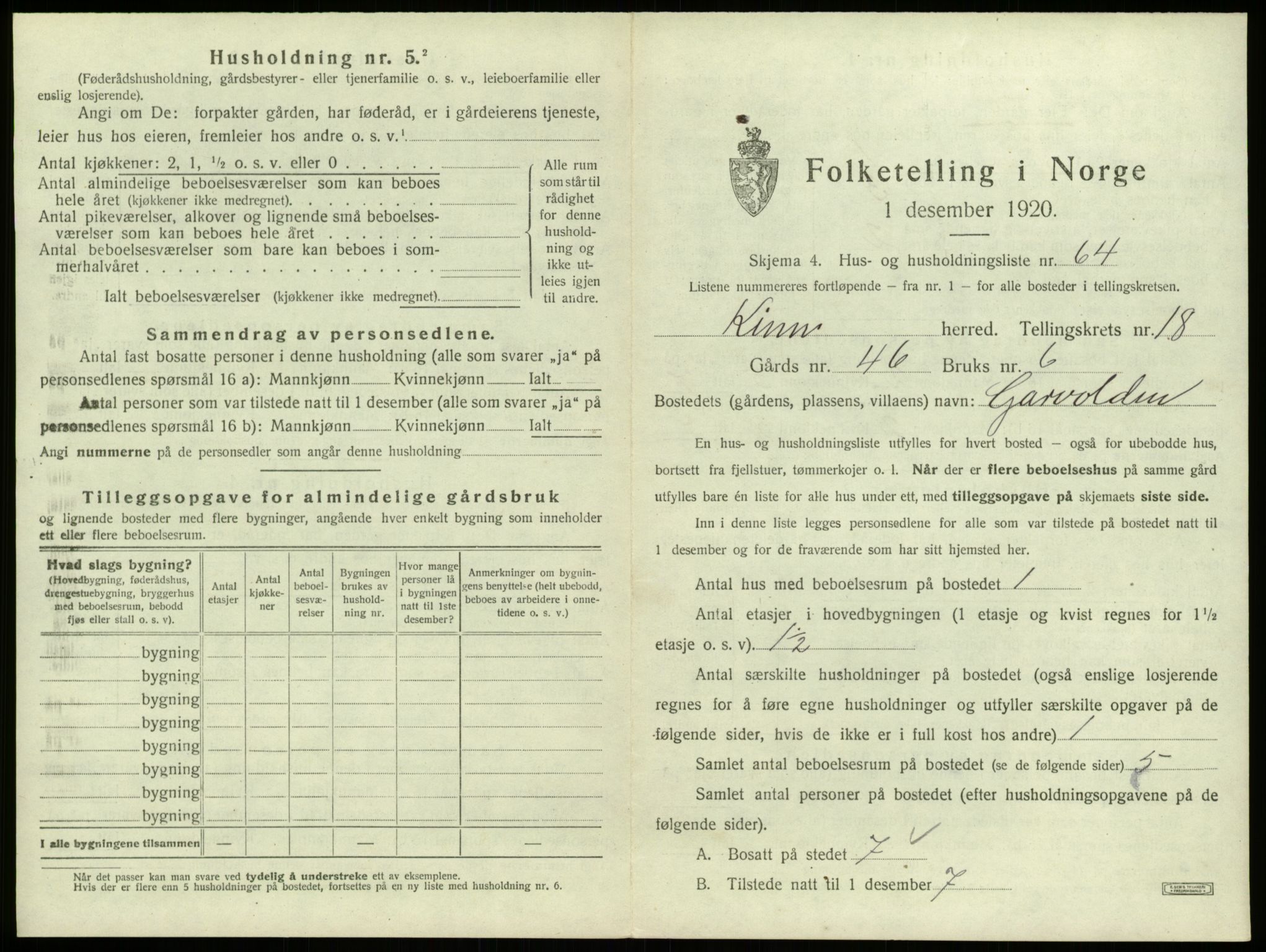 SAB, 1920 census for Kinn, 1920, p. 945