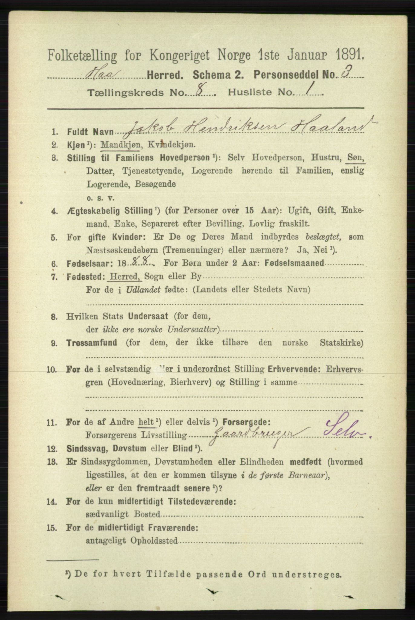 RA, 1891 census for 1119 Hå, 1891, p. 2052