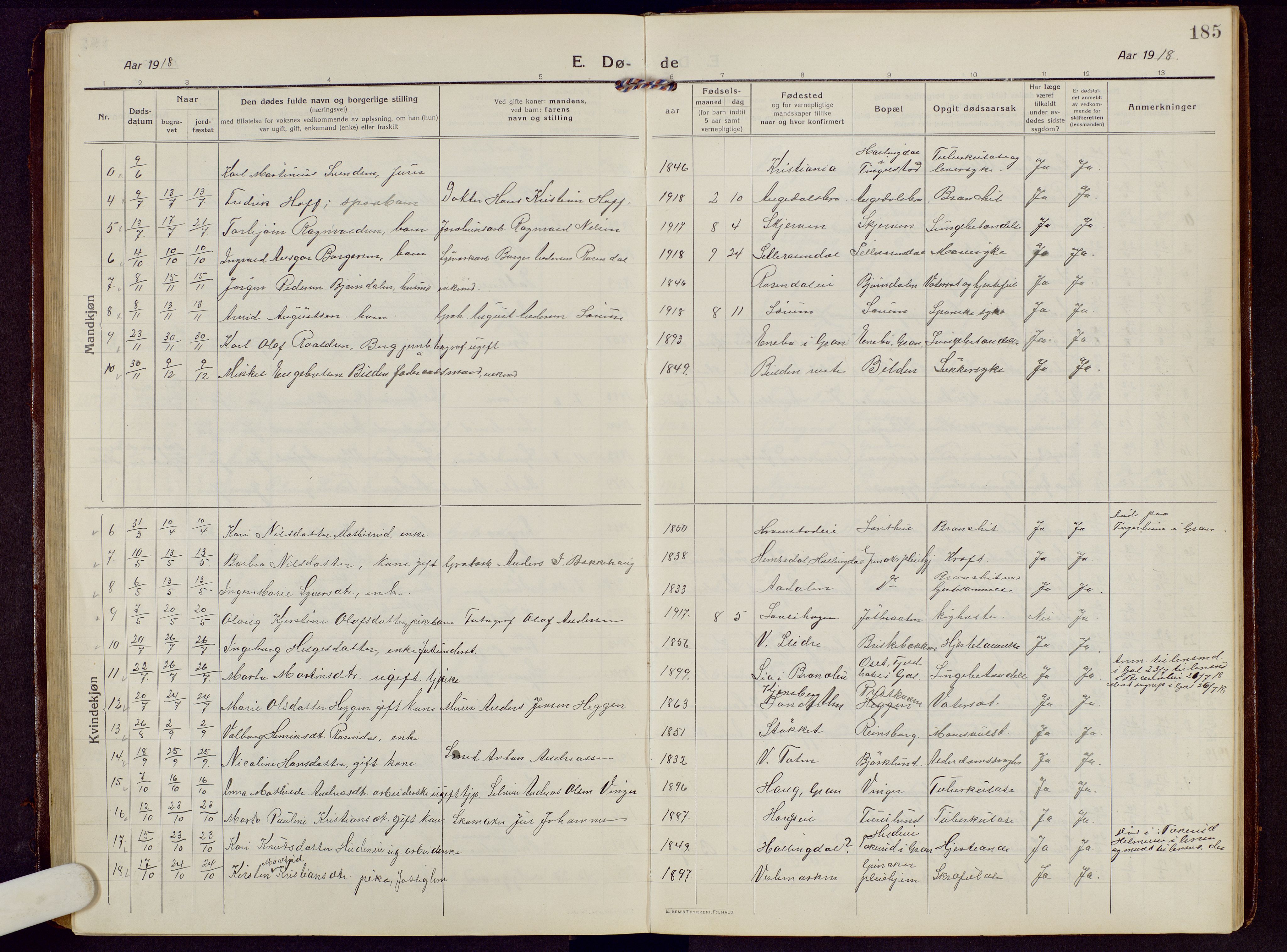 Brandbu prestekontor, AV/SAH-PREST-114/H/Ha/Hab/L0010: Parish register (copy) no. 10, 1916-1930, p. 185