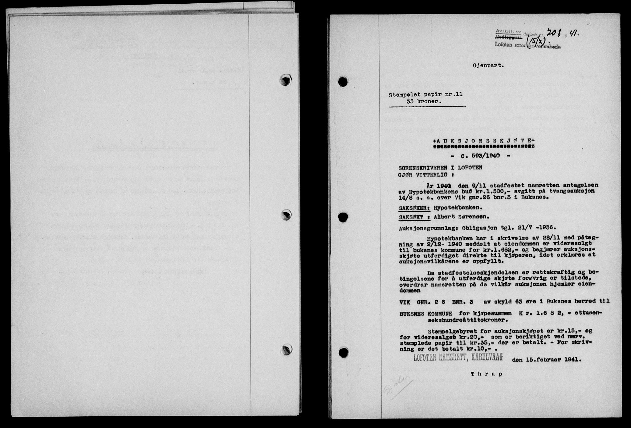 Lofoten sorenskriveri, SAT/A-0017/1/2/2C/L0008a: Mortgage book no. 8a, 1940-1941, Diary no: : 208/1941