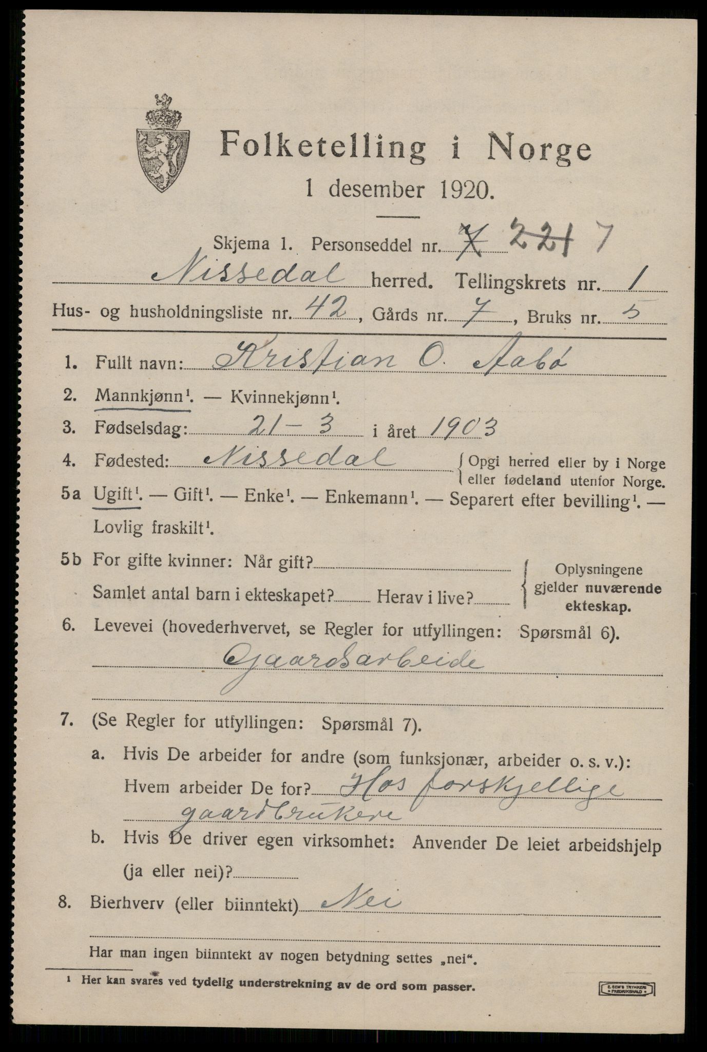 SAKO, 1920 census for Nissedal, 1920, p. 1275