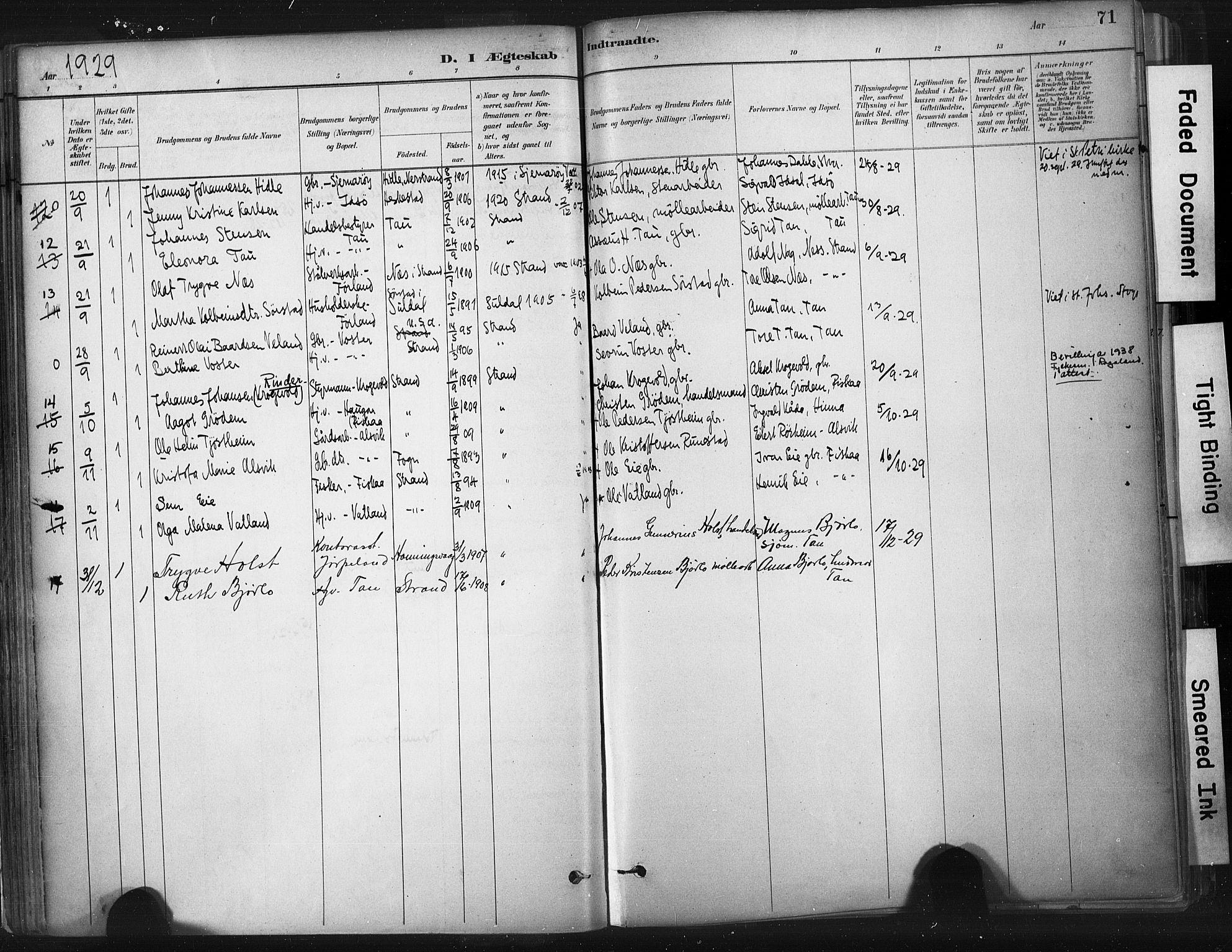 Strand sokneprestkontor, AV/SAST-A-101828/H/Ha/Haa/L0010: Parish register (official) no. A 10, 1882-1929, p. 71