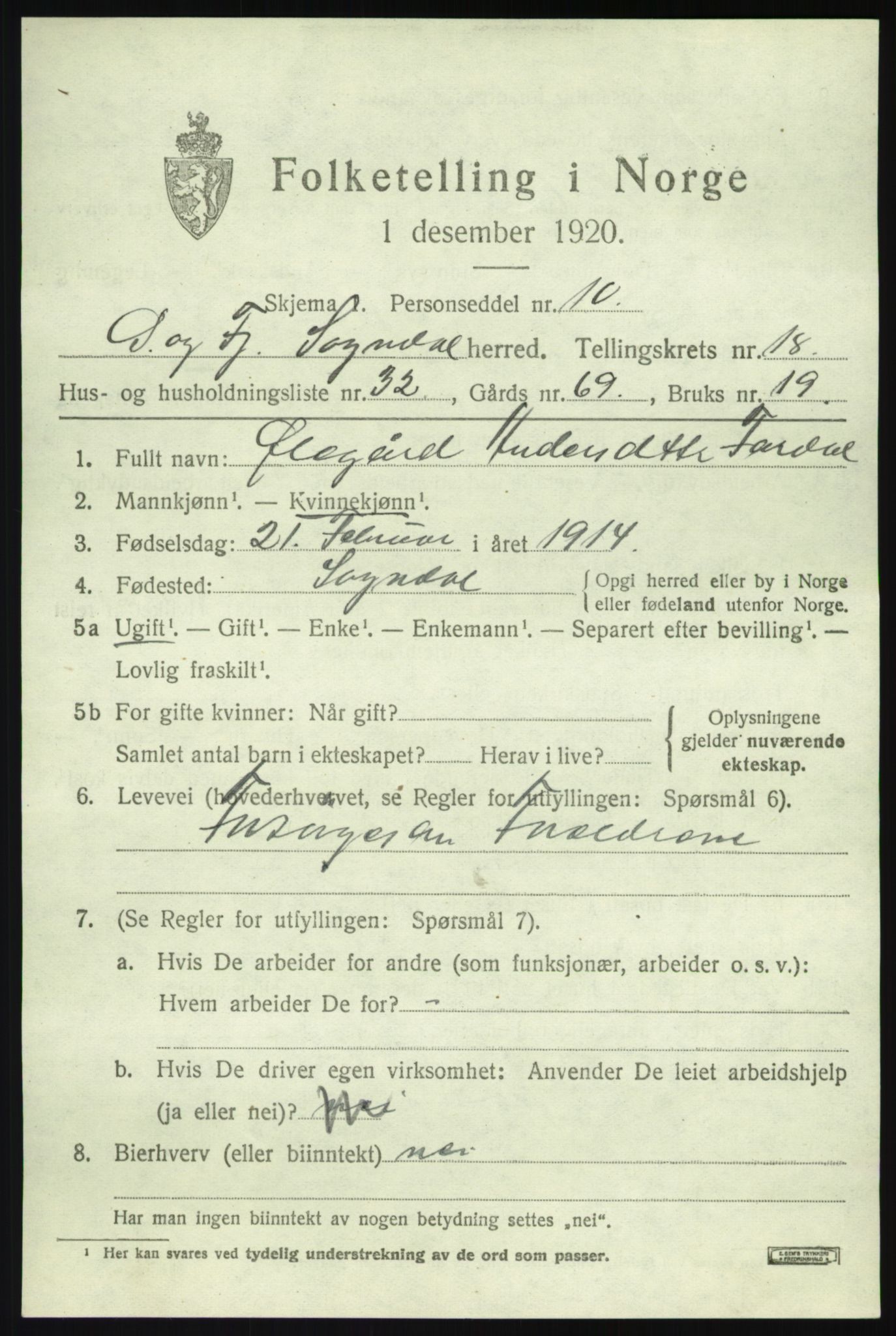 SAB, 1920 census for Sogndal, 1920, p. 6987
