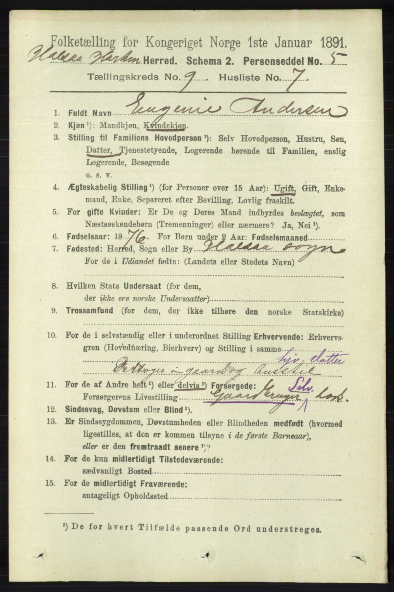 RA, 1891 census for 1019 Halse og Harkmark, 1891, p. 3646