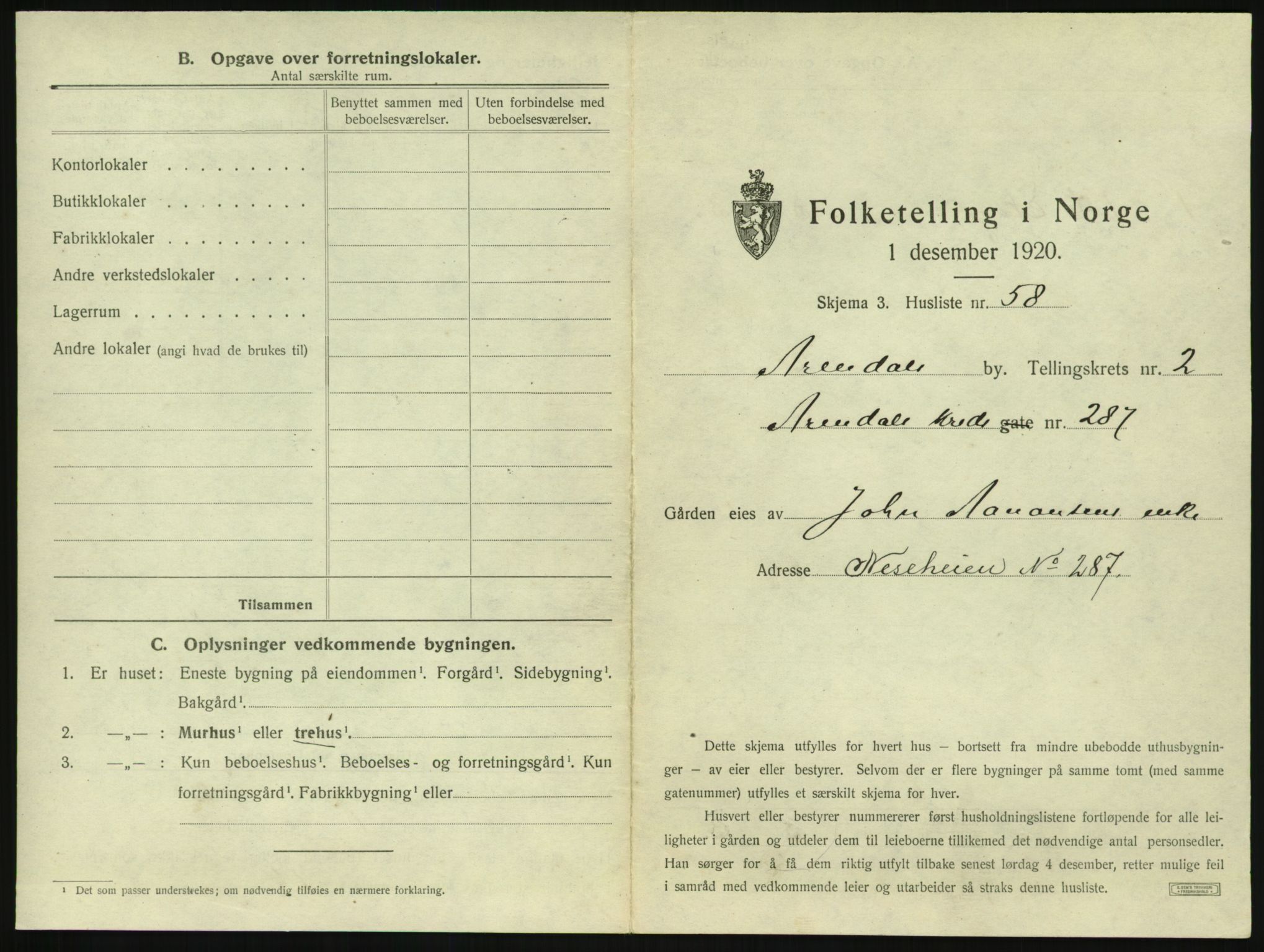 SAK, 1920 census for Arendal, 1920, p. 318