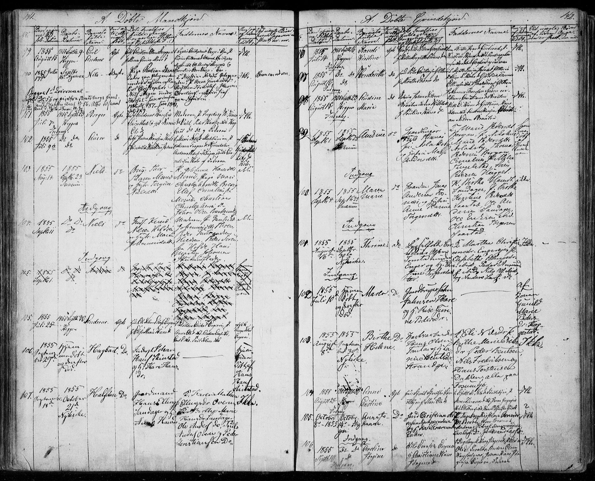Modum kirkebøker, SAKO/A-234/F/Fa/L0008: Parish register (official) no. 8, 1851-1859, p. 141-142