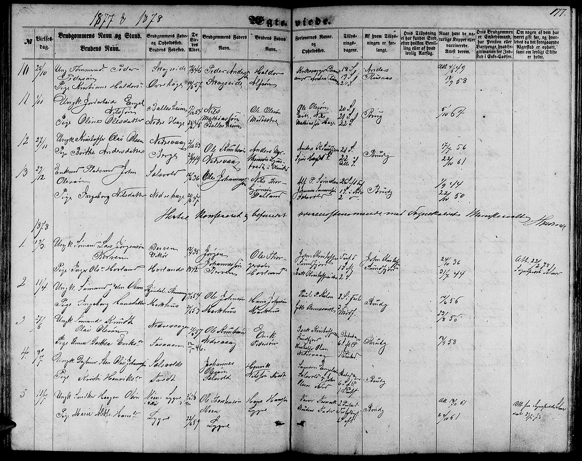 Fusa sokneprestembete, SAB/A-75401/H/Hab: Parish register (copy) no. C 1, 1861-1885, p. 177
