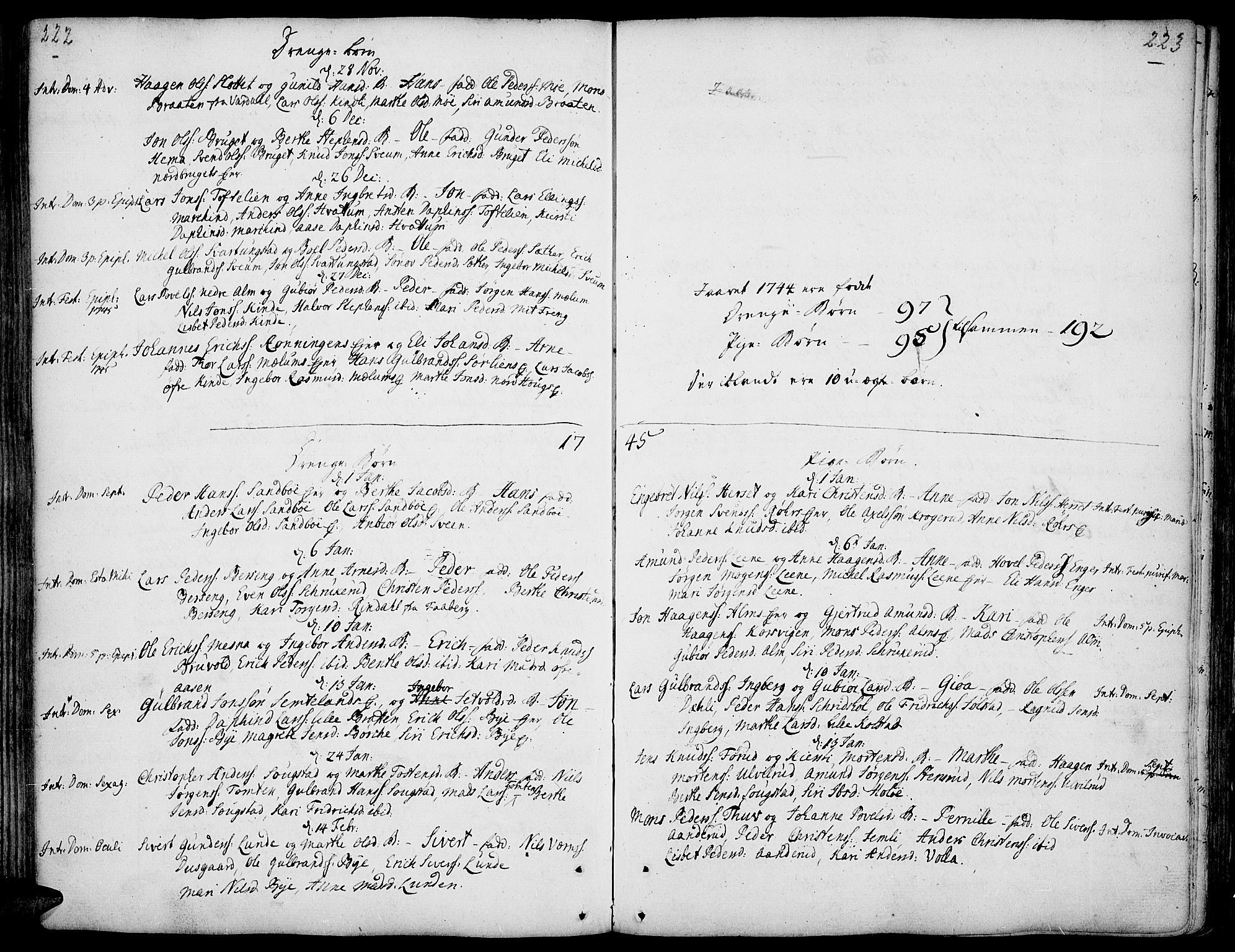 Ringsaker prestekontor, AV/SAH-PREST-014/K/Ka/L0001: Parish register (official) no. 1, 1734-1746, p. 222-223