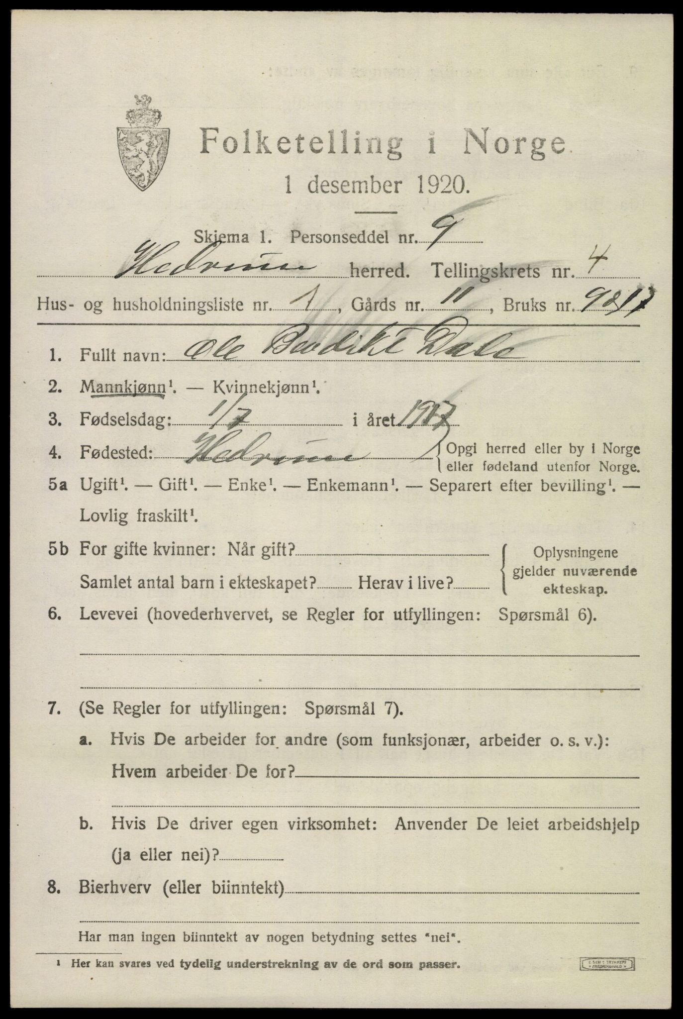 SAKO, 1920 census for Hedrum, 1920, p. 4009
