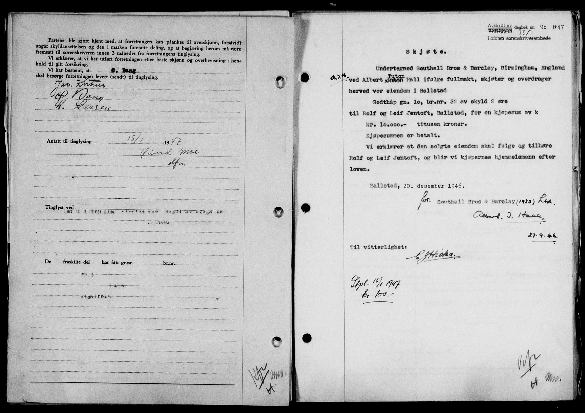 Lofoten sorenskriveri, SAT/A-0017/1/2/2C/L0015a: Mortgage book no. 15a, 1946-1947, Diary no: : 90/1947