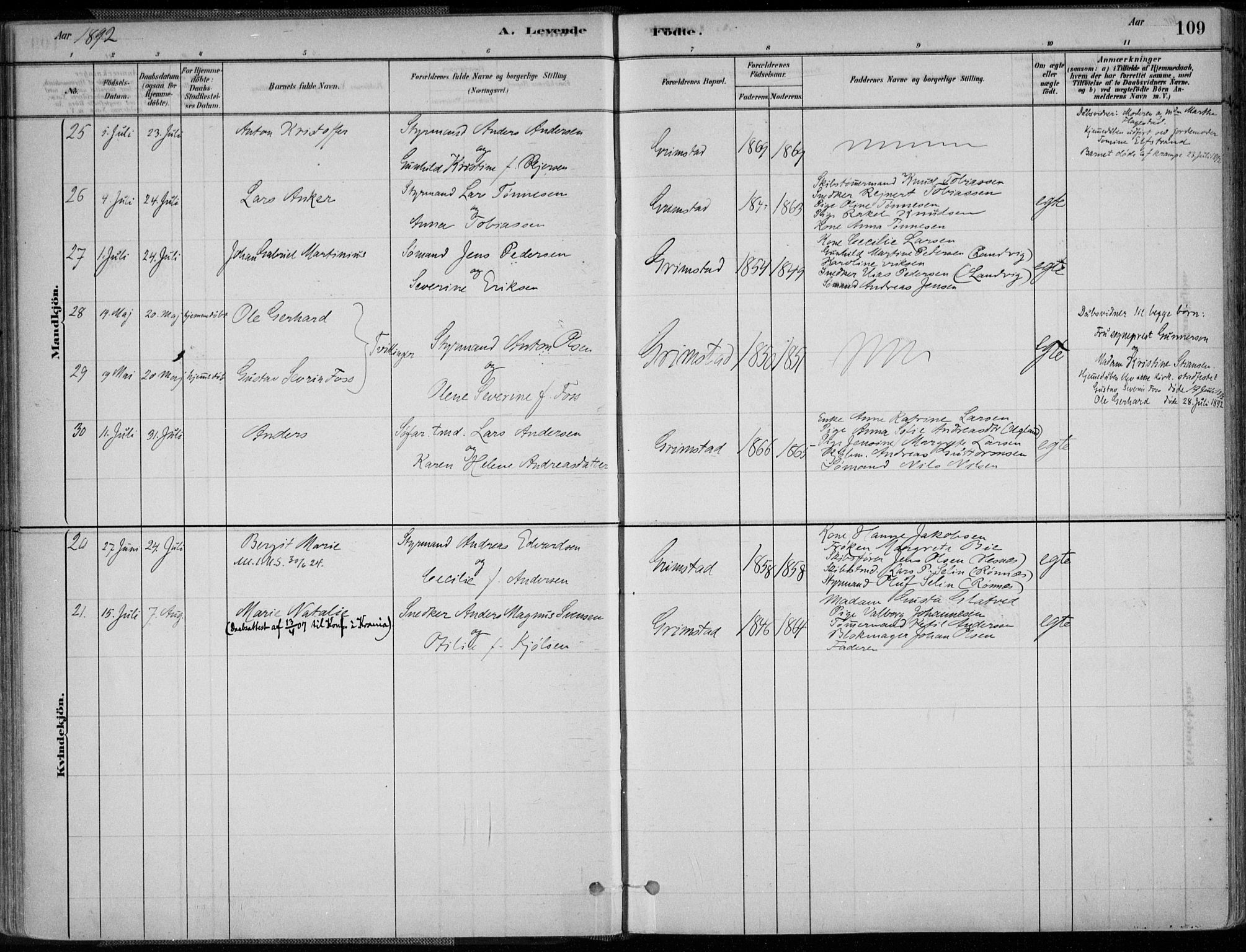 Grimstad sokneprestkontor, AV/SAK-1111-0017/F/Fa/L0003: Parish register (official) no. A 2, 1882-1912, p. 109