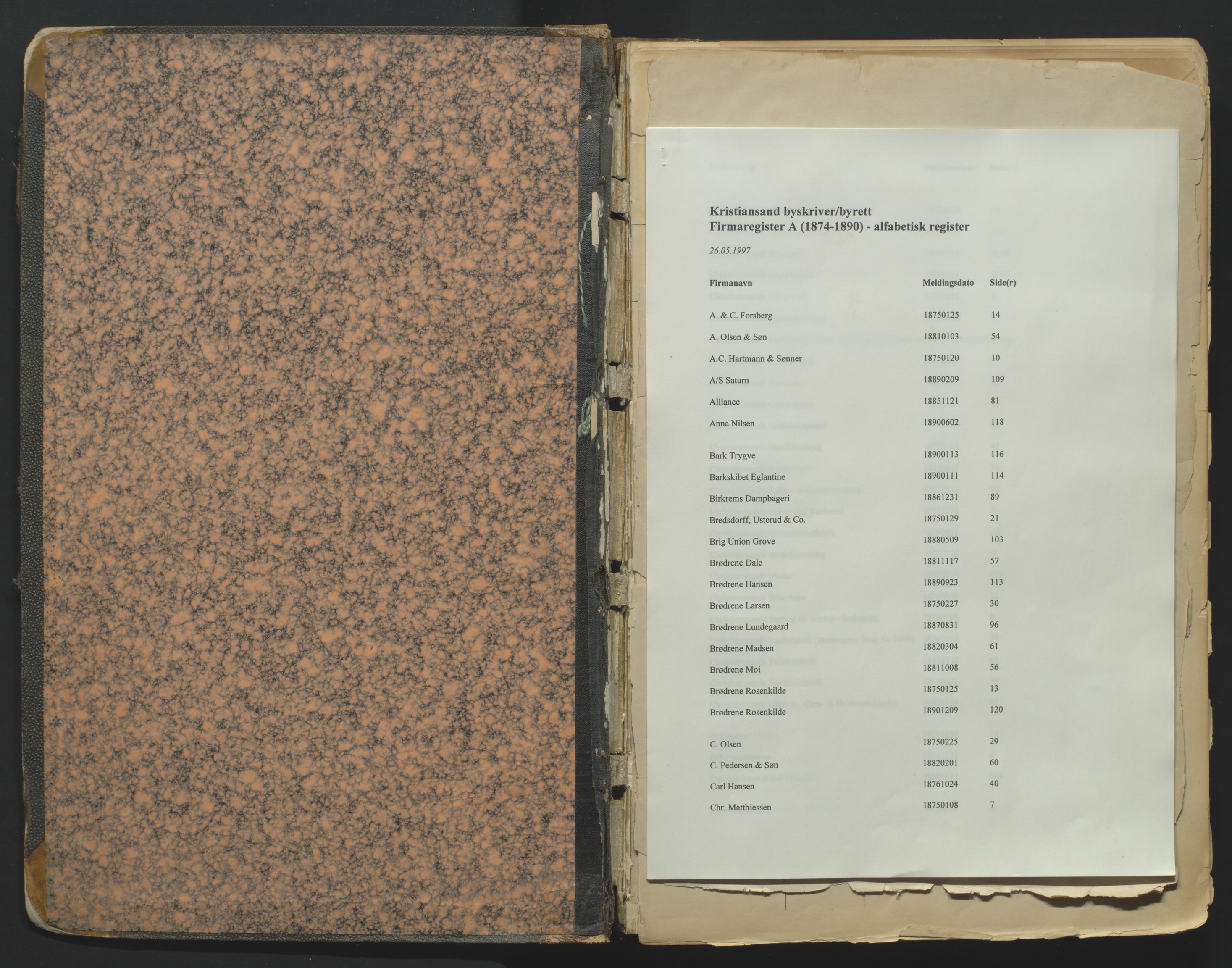 Kristiansand byrett, AV/SAK-1223-0001/K/Kb/L0001: Firmaregister A, med register, 1874-1890