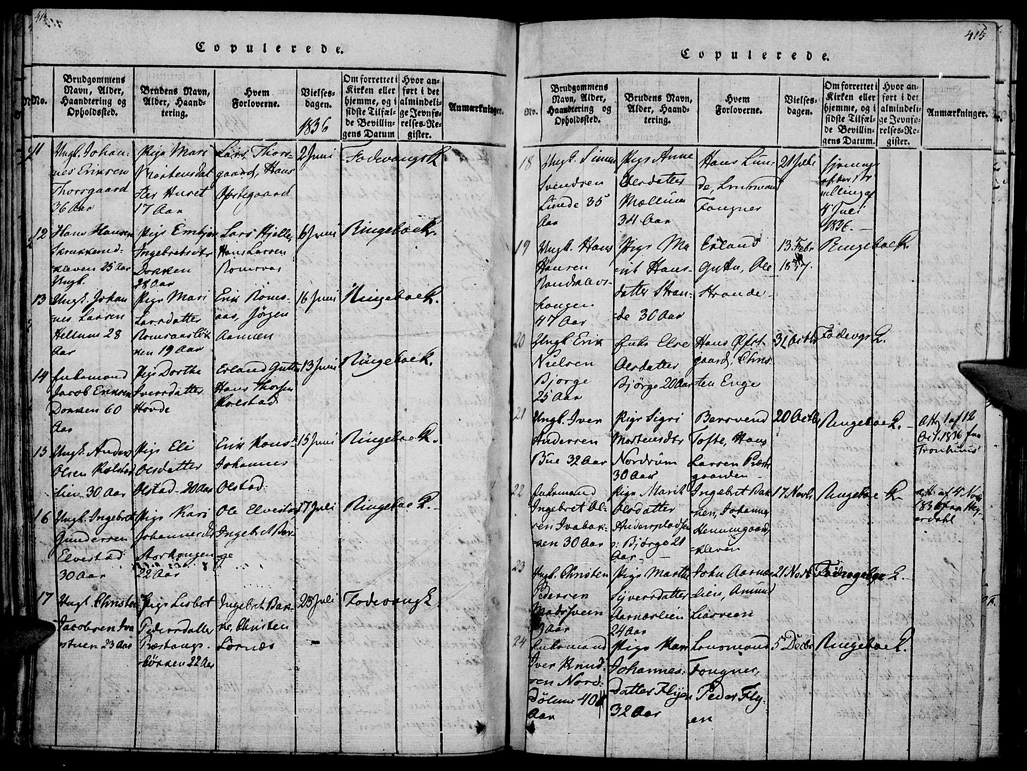 Ringebu prestekontor, SAH/PREST-082/H/Ha/Haa/L0004: Parish register (official) no. 4, 1821-1839, p. 414-415