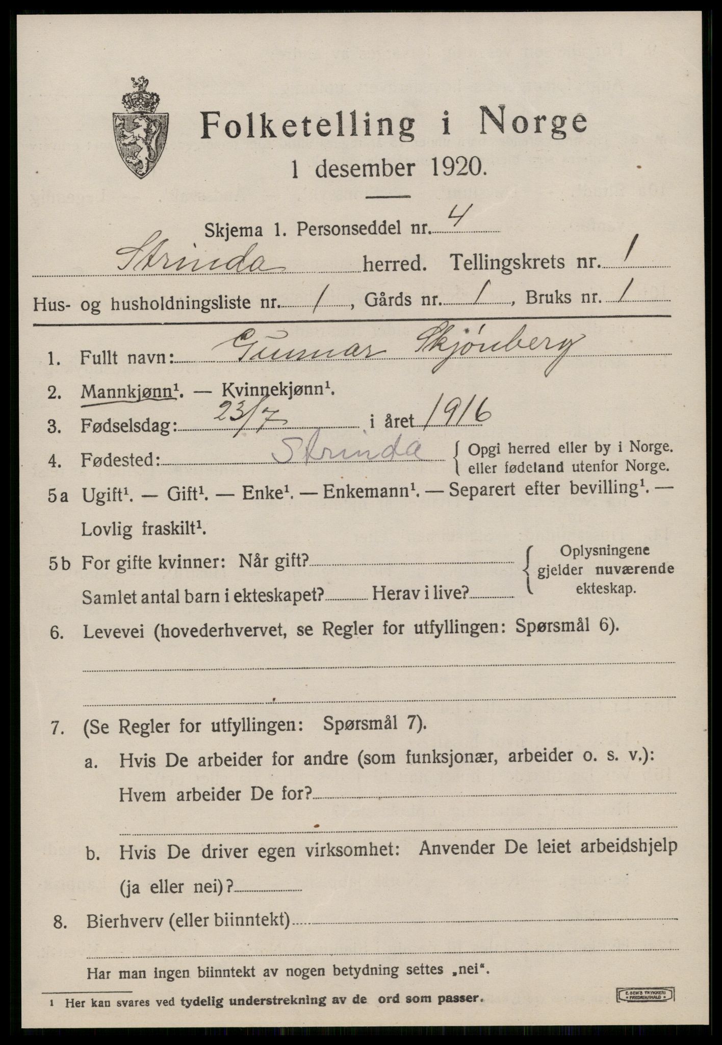 SAT, 1920 census for Strinda, 1920, p. 2922