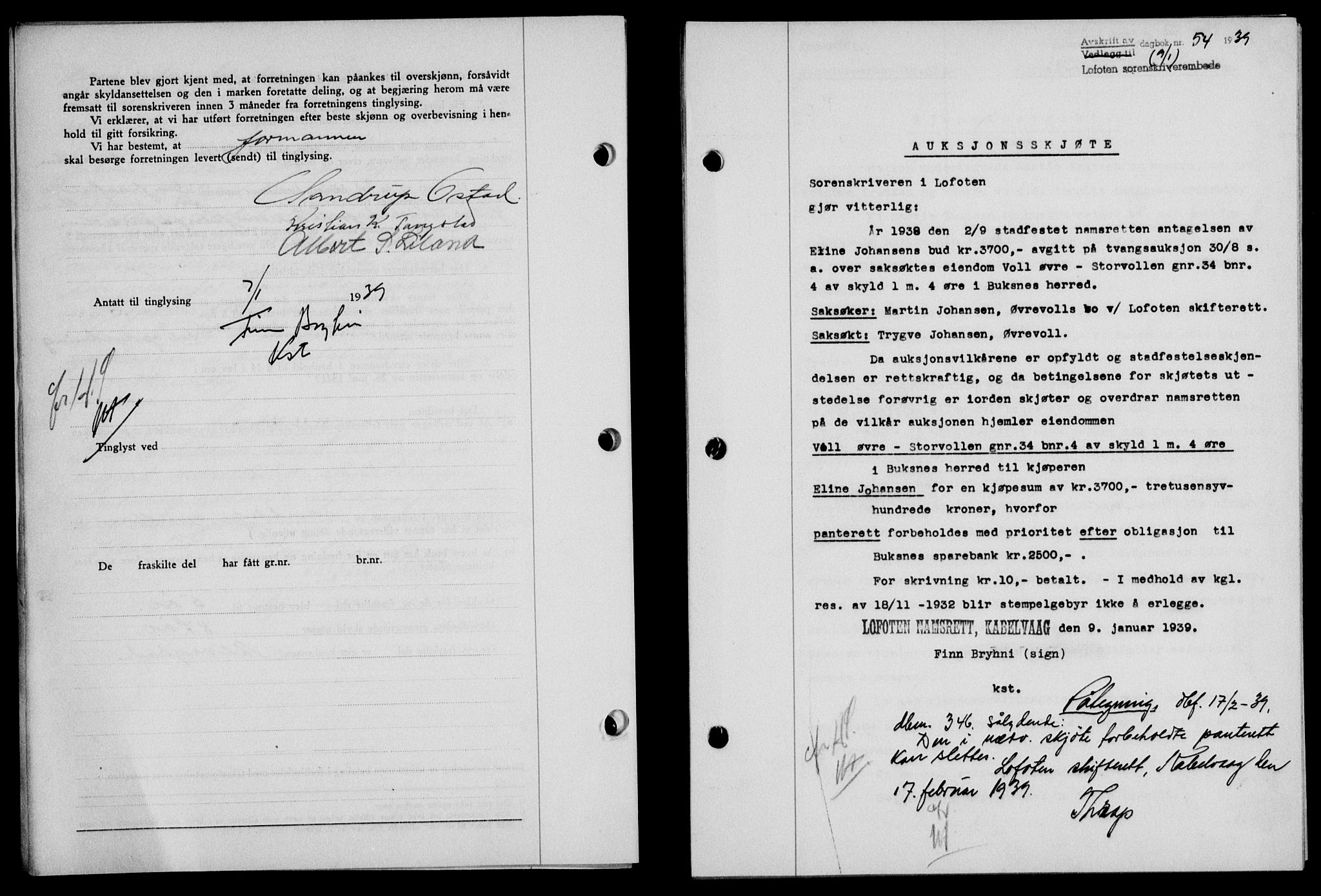 Lofoten sorenskriveri, SAT/A-0017/1/2/2C/L0005a: Mortgage book no. 5a, 1939-1939, Diary no: : 54/1939