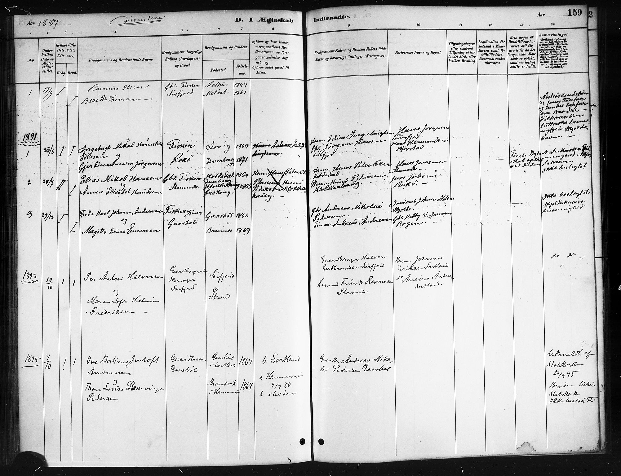 Ministerialprotokoller, klokkerbøker og fødselsregistre - Nordland, AV/SAT-A-1459/895/L1382: Parish register (copy) no. 895C04, 1885-1896, p. 159