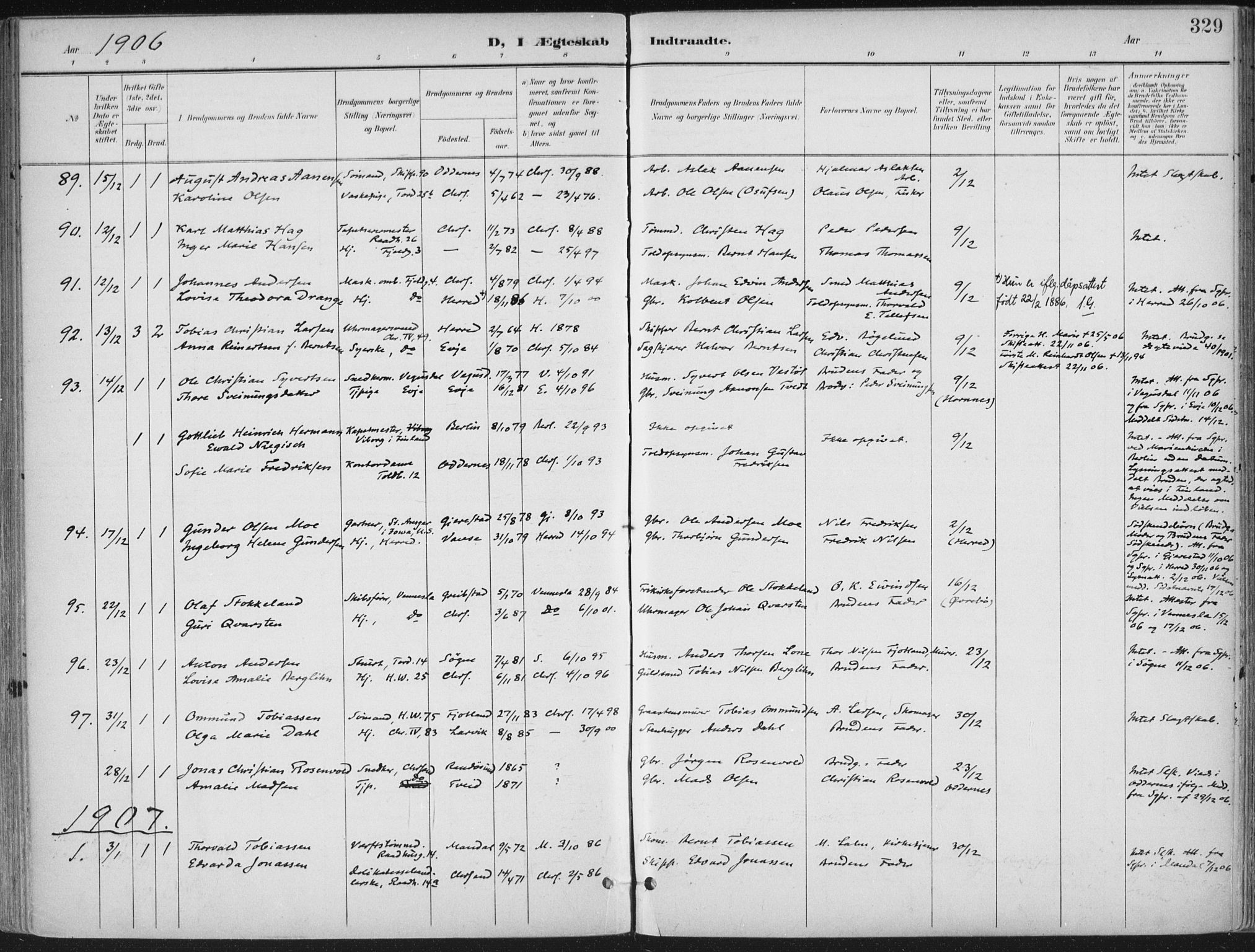 Kristiansand domprosti, AV/SAK-1112-0006/F/Fa/L0021: Parish register (official) no. A 20, 1898-1908, p. 329