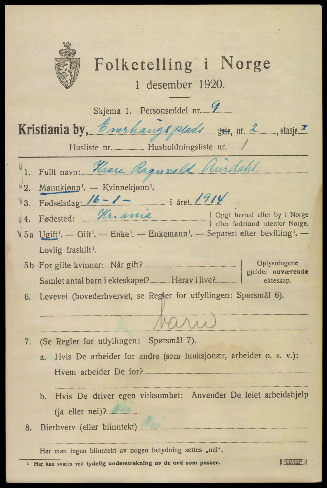 SAO, 1920 census for Kristiania, 1920, p. 218081