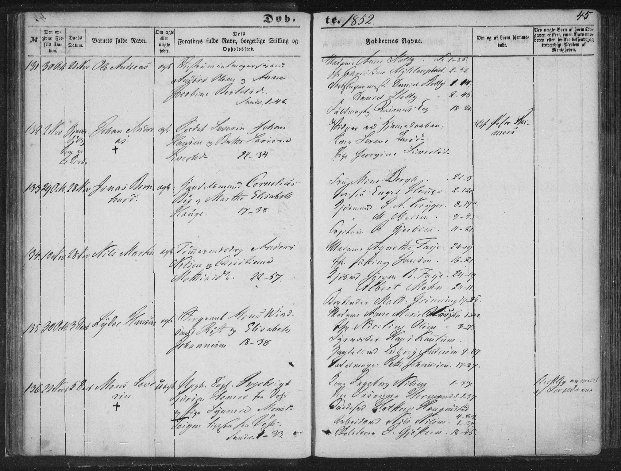 Korskirken sokneprestembete, AV/SAB-A-76101/H/Haa/L0017: Parish register (official) no. B 3, 1851-1857, p. 45