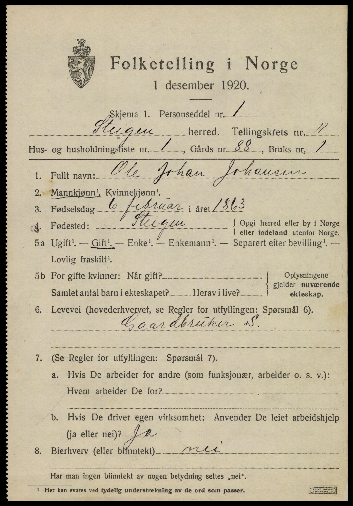 SAT, 1920 census for Steigen, 1920, p. 4414