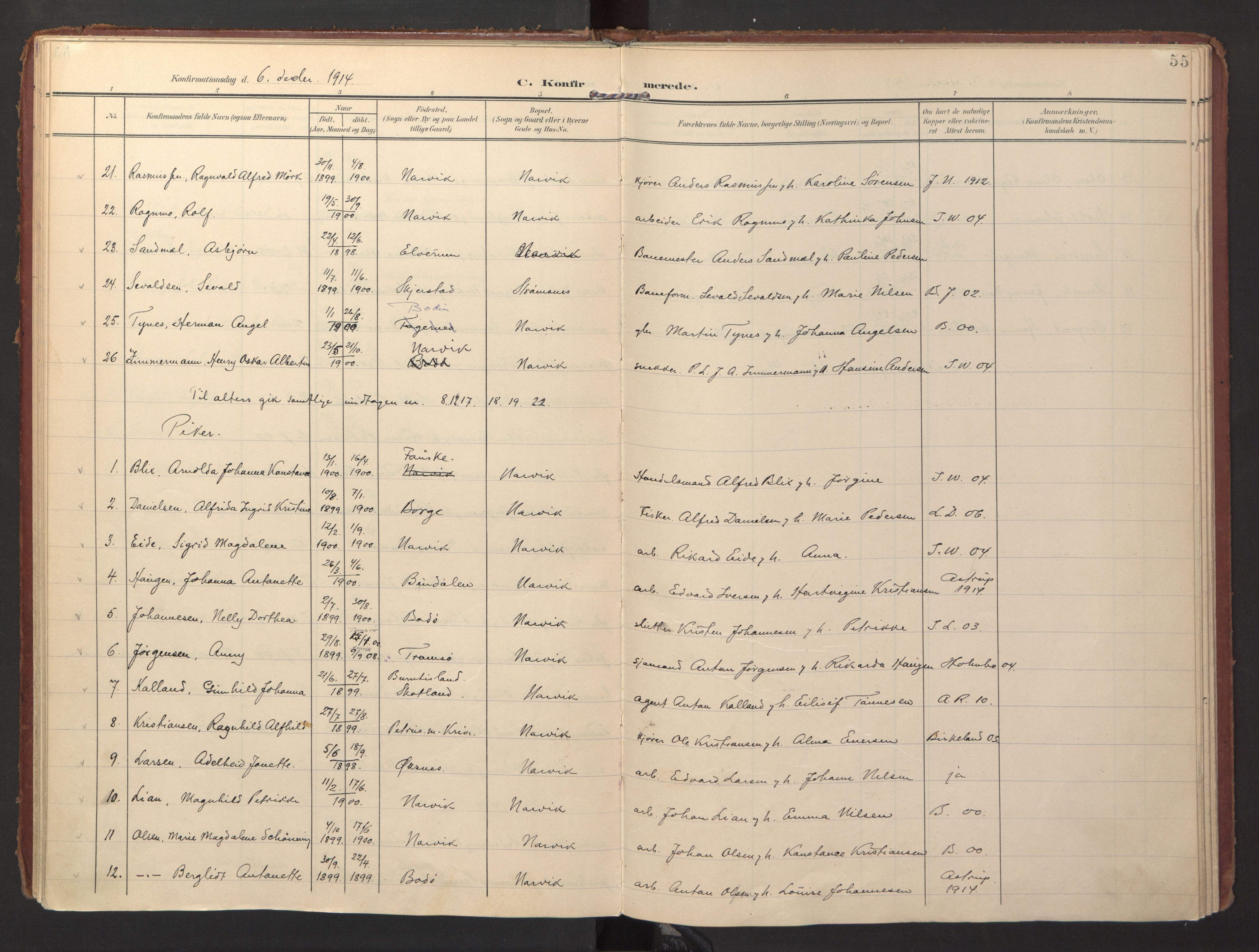 Ministerialprotokoller, klokkerbøker og fødselsregistre - Nordland, AV/SAT-A-1459/871/L0998: Parish register (official) no. 871A14, 1902-1921, p. 55