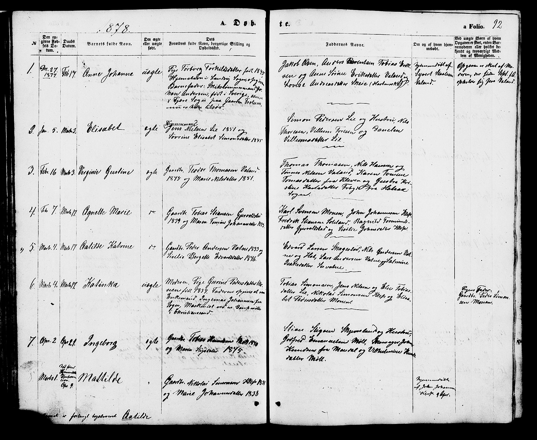 Holum sokneprestkontor, SAK/1111-0022/F/Fb/Fba/L0004: Parish register (copy) no. B 4, 1867-1890, p. 92