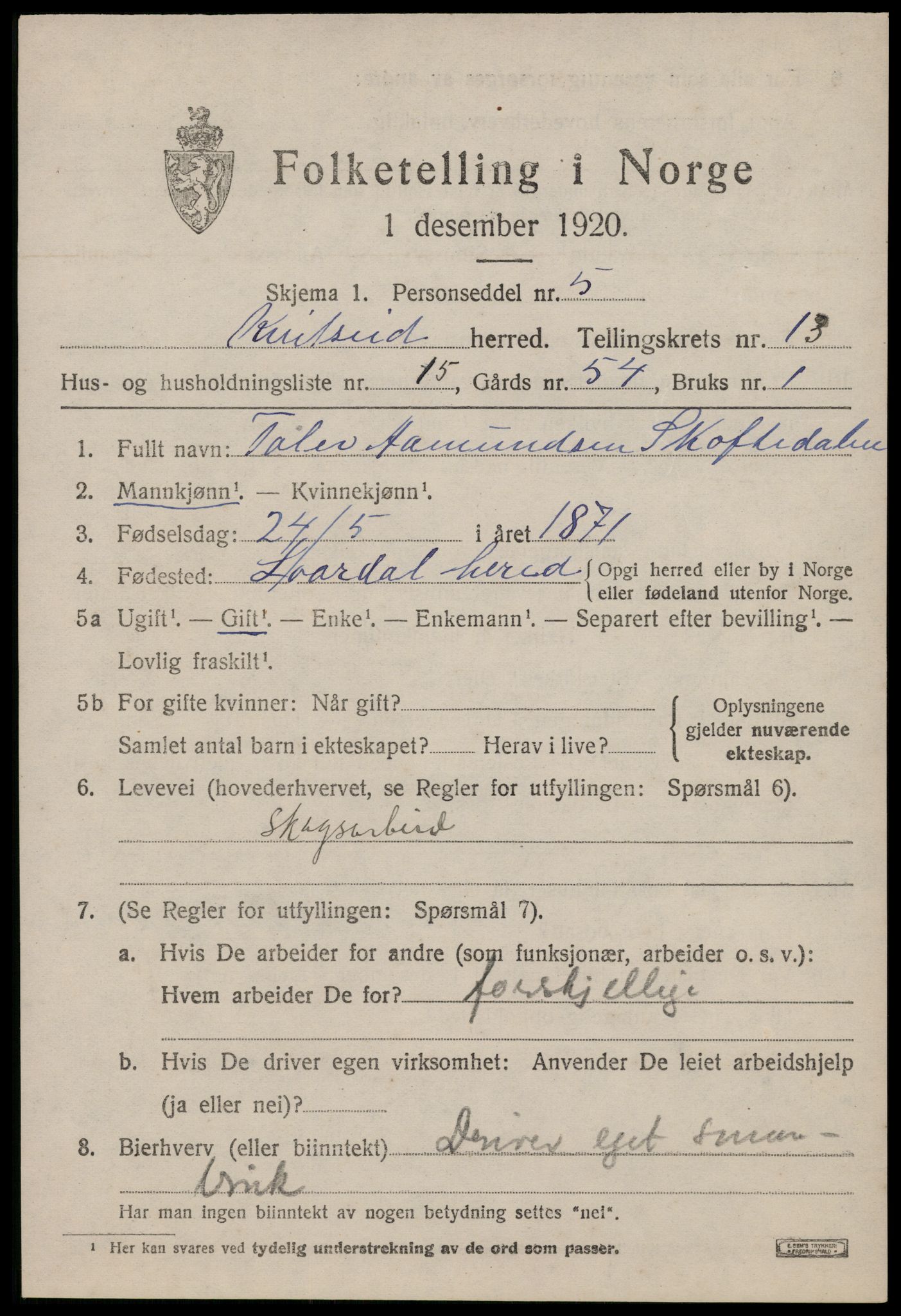 SAKO, 1920 census for Kviteseid, 1920, p. 6303