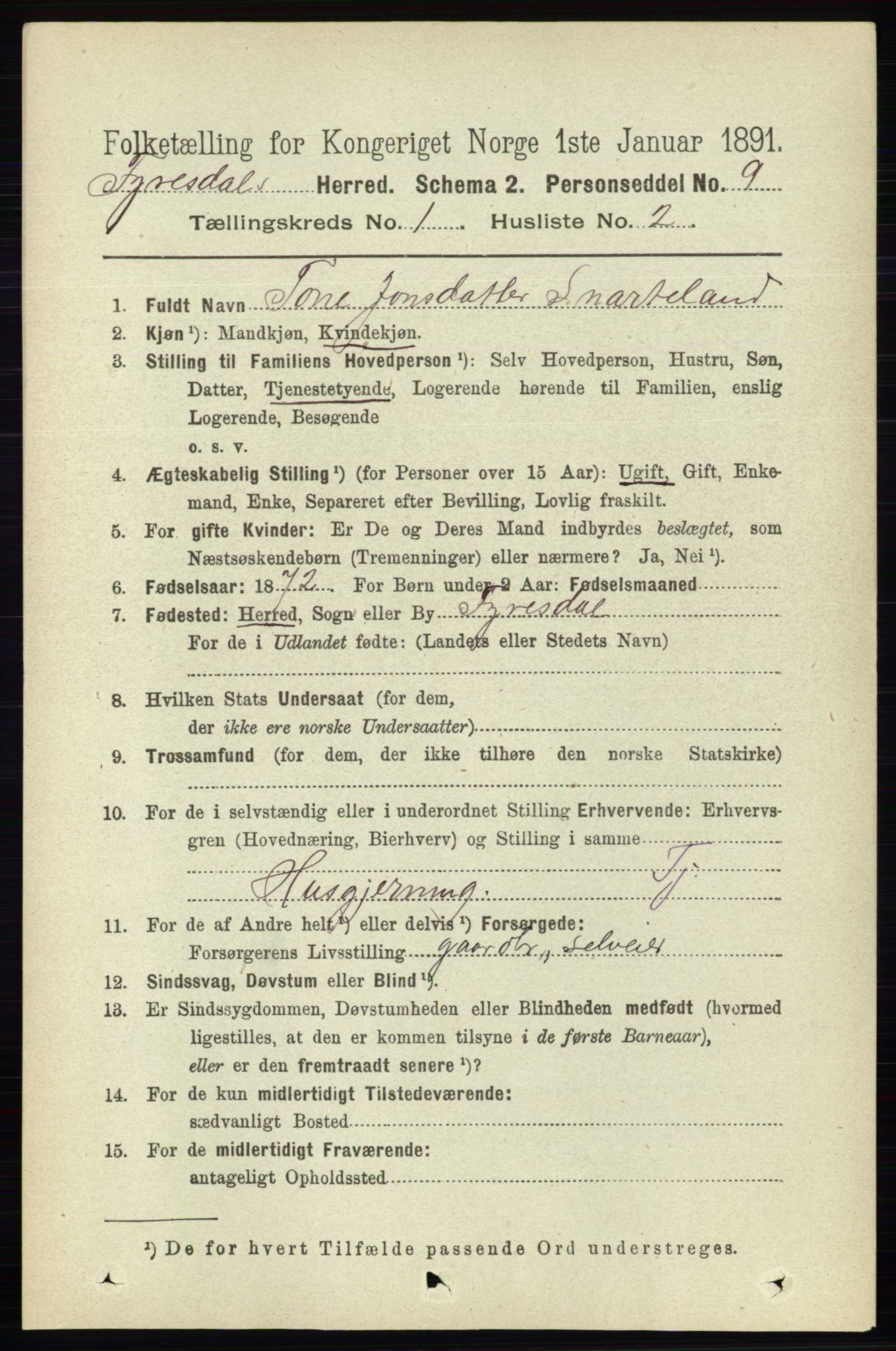 RA, 1891 census for 0831 Fyresdal, 1891, p. 74