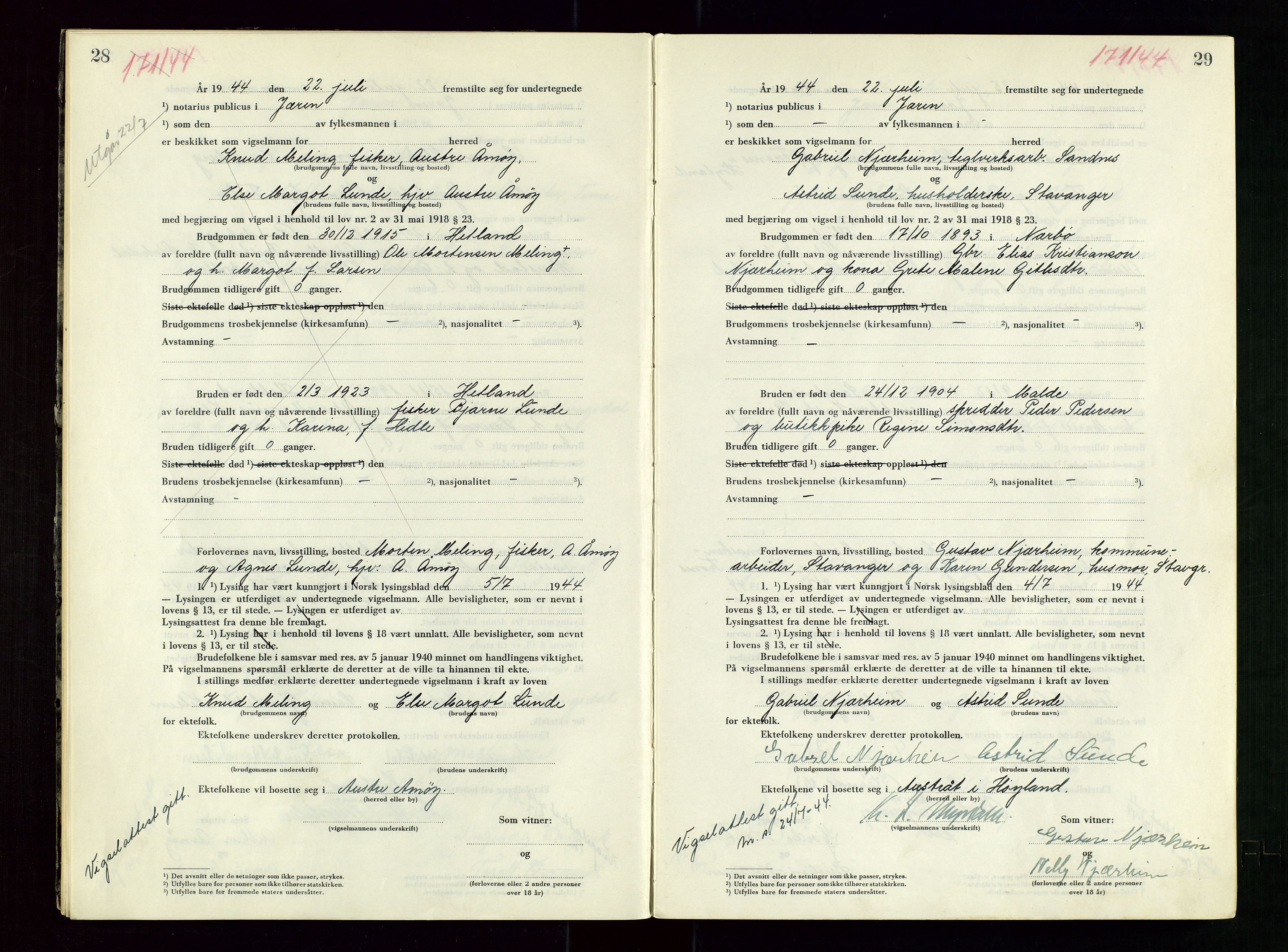 Jæren sorenskriveri, AV/SAST-A-100310/01/6/62/62BA/L0007: VIGSELSPROTOKOLL, 1944, p. 28-29