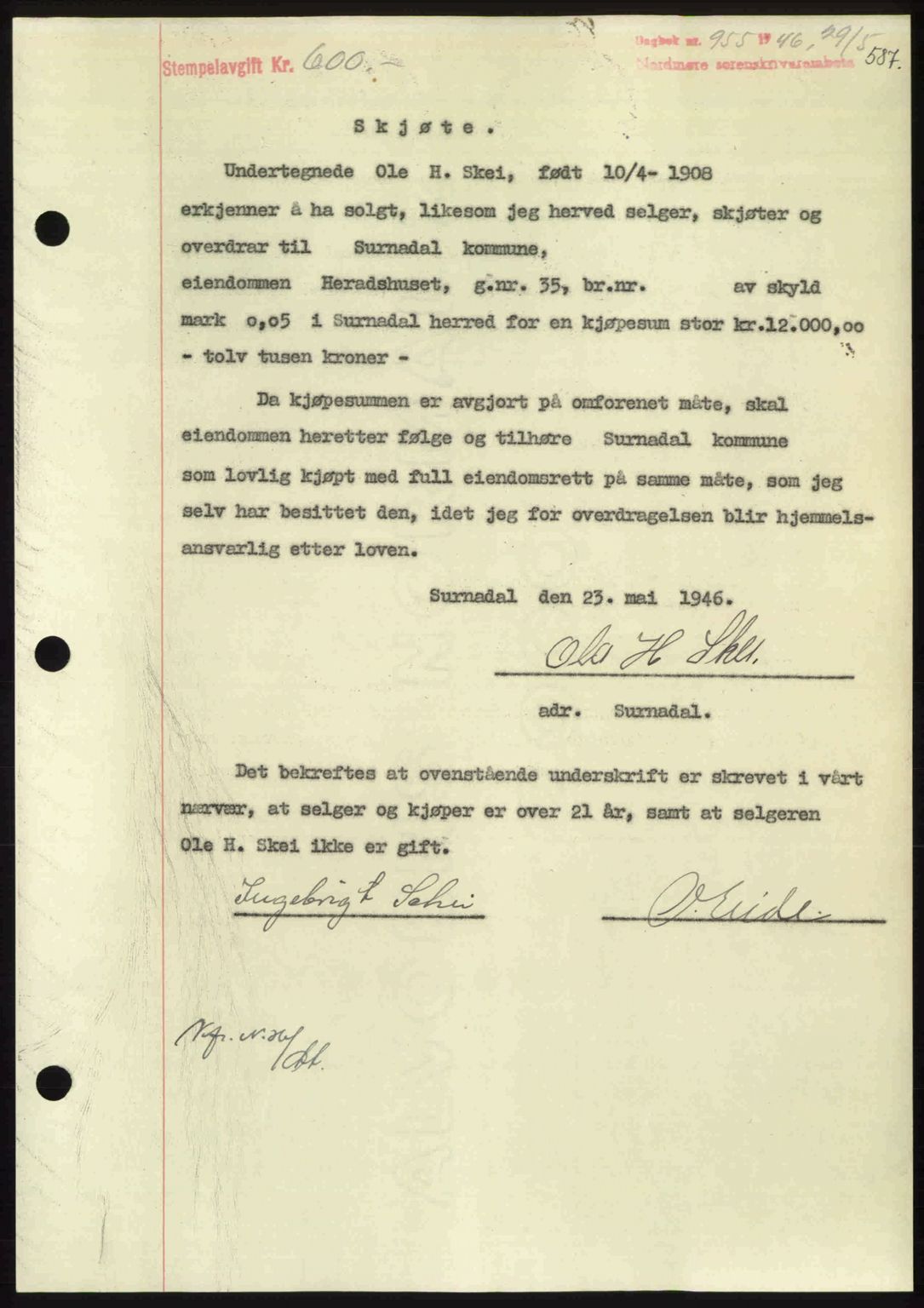 Nordmøre sorenskriveri, AV/SAT-A-4132/1/2/2Ca: Mortgage book no. A101, 1946-1946, Diary no: : 955/1946