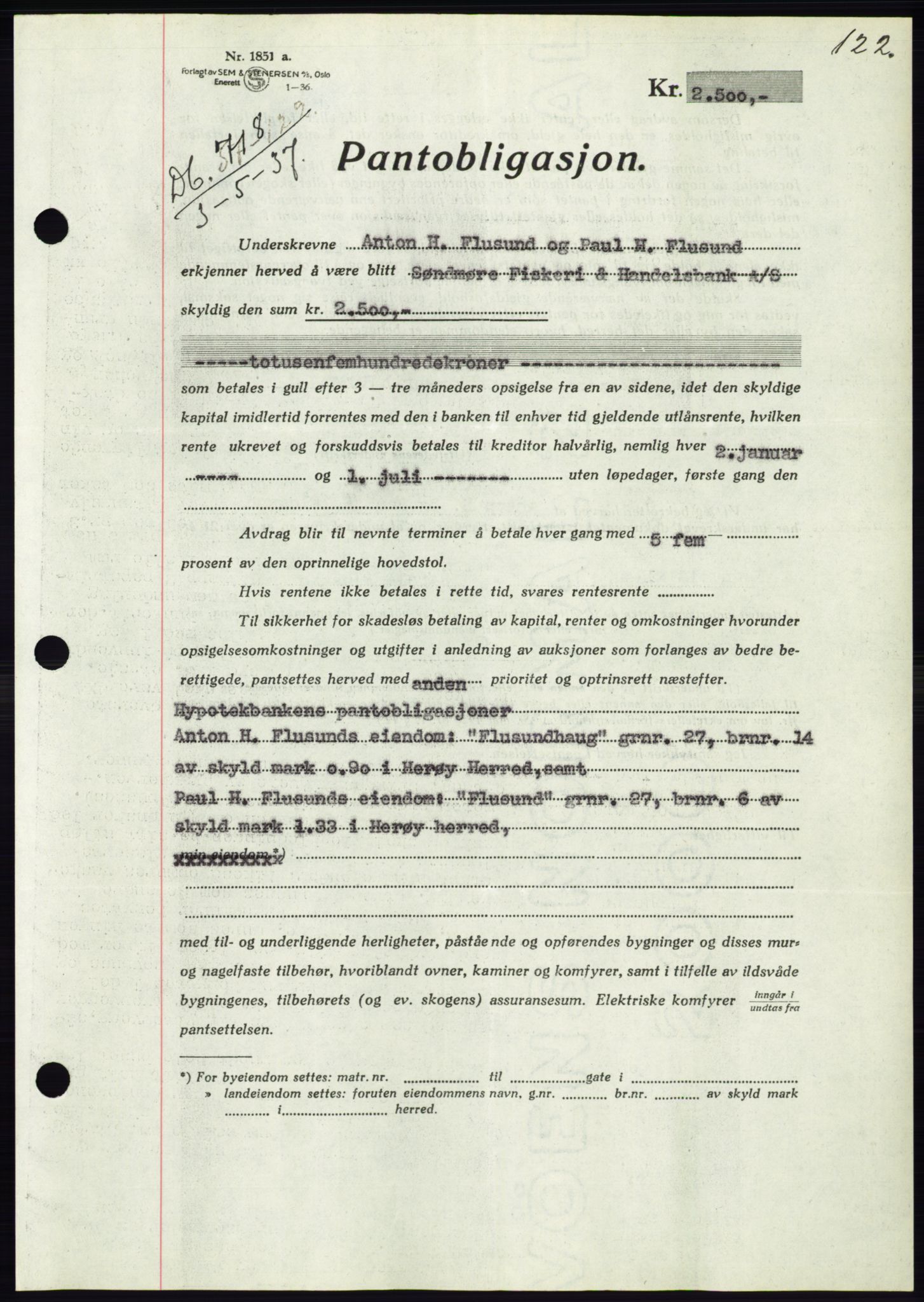 Søre Sunnmøre sorenskriveri, AV/SAT-A-4122/1/2/2C/L0063: Mortgage book no. 57, 1937-1937, Diary no: : 718/1937